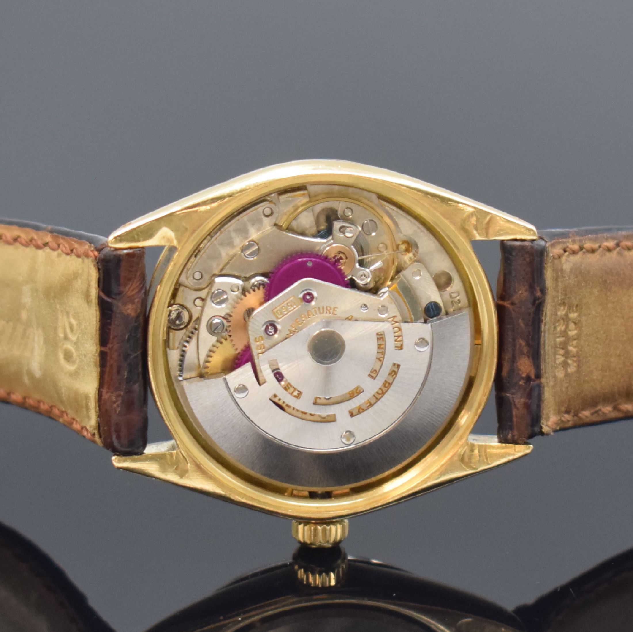 Detail e: ROLEX Oyster Chronometer Referenz 1005 Armbanduhr in GG 750/000, Schweiz um 1964, Automatik, Oystergeh. m. glatter Lünette, Boden dell., Krone ...