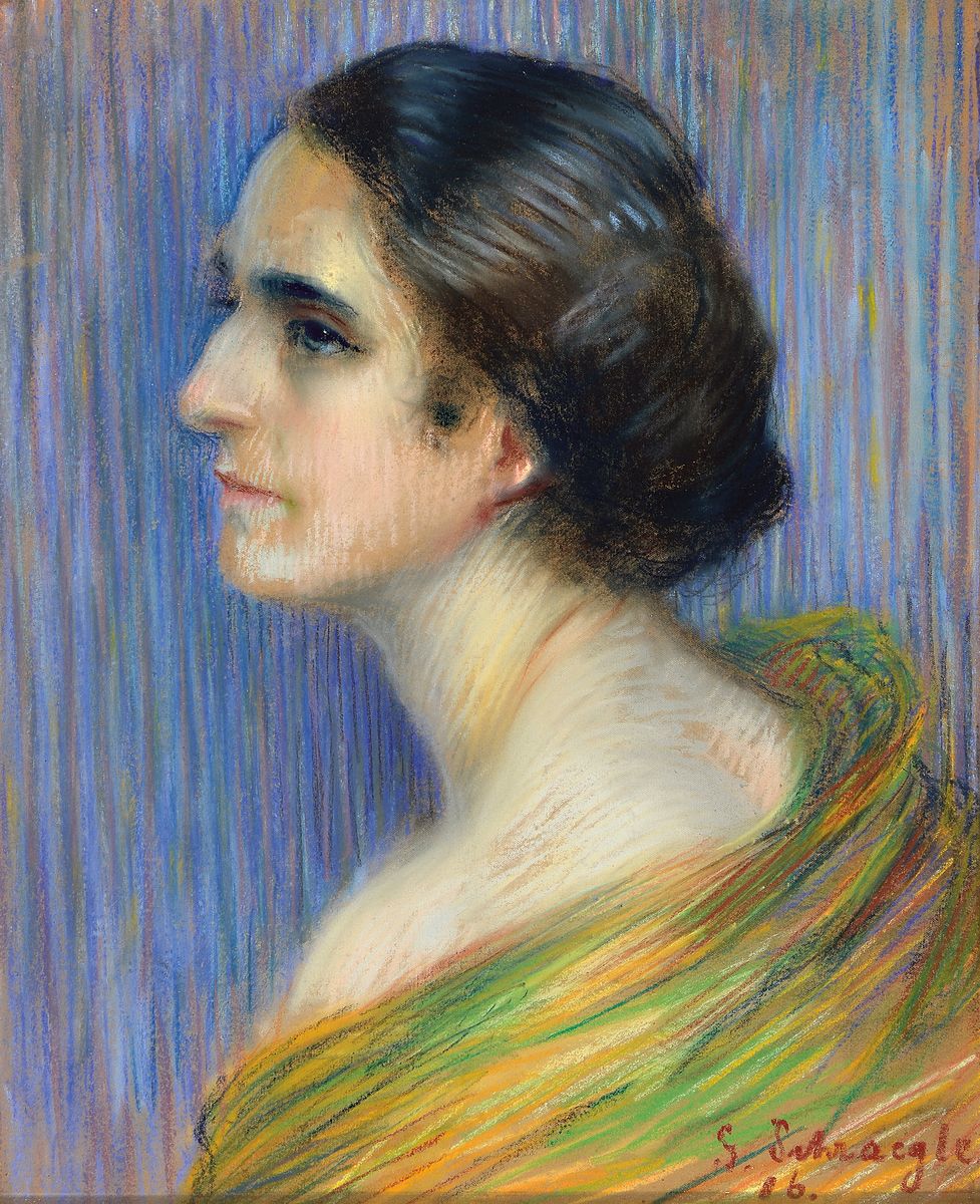 Gustav Schraegle, 1867 Bürgel-1925 Frankfurt am Main, Frauenbildnis im Dreiviertelporträt, Pastell auf grobem Karton, rechts unten signiert und ...