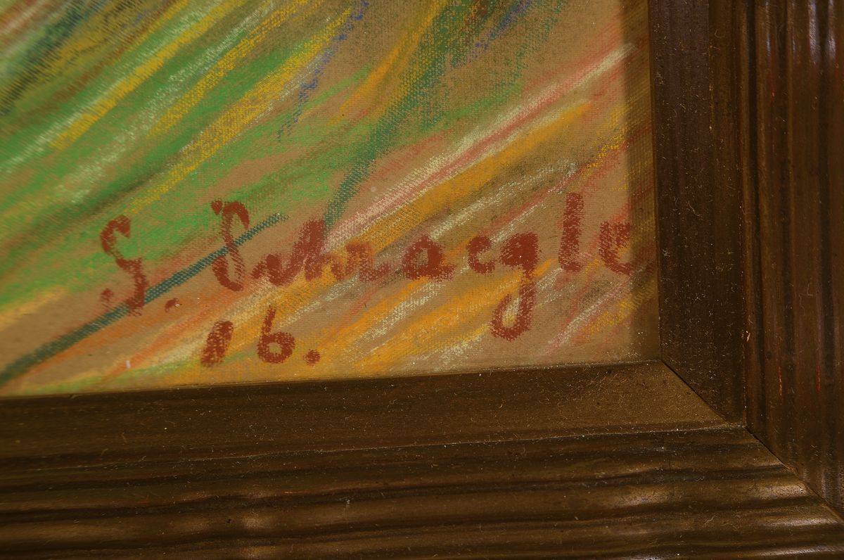 Detail a: Gustav Schraegle, 1867 Bürgel-1925 Frankfurt am Main, Frauenbildnis im Dreiviertelporträt, Pastell auf grobem Karton, rechts unten signiert und ...