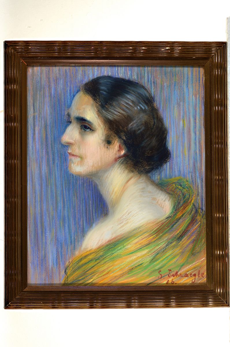 Detail k: Gustav Schraegle, 1867 Bürgel-1925 Frankfurt am Main, Frauenbildnis im Dreiviertelporträt, Pastell auf grobem Karton, rechts unten signiert und ...