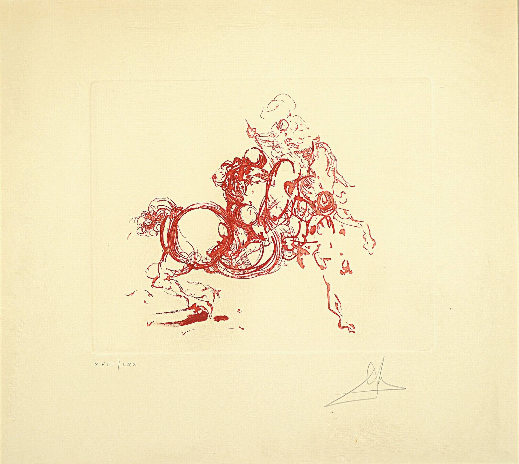 Salvador Dali, 1904 Figueres-1989, Cavalier (Jinette) in siena, 1978, Aquatintaradierung auf Bütten. 51 x 56 cm, Ed. XVIII/LXX, in Bleistift ...
