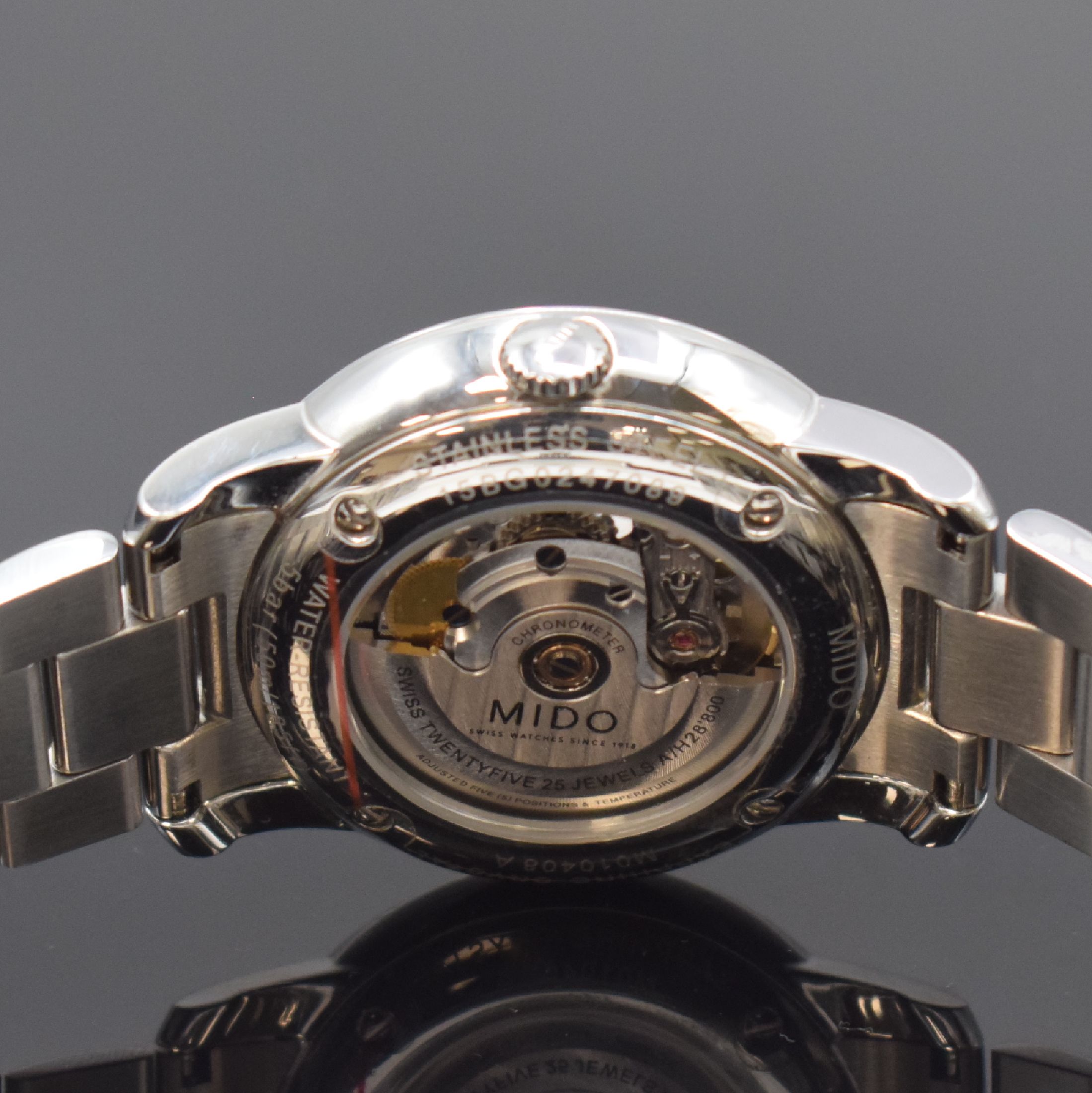 Detail d: MIDO Baroncelli Chronometer Armbanduhr in Stahl/Stahlband Referenz M010408A,, Schweiz um 2020, Automatik, beids. vergl. Geh., Boden 4-fach verschr., ...