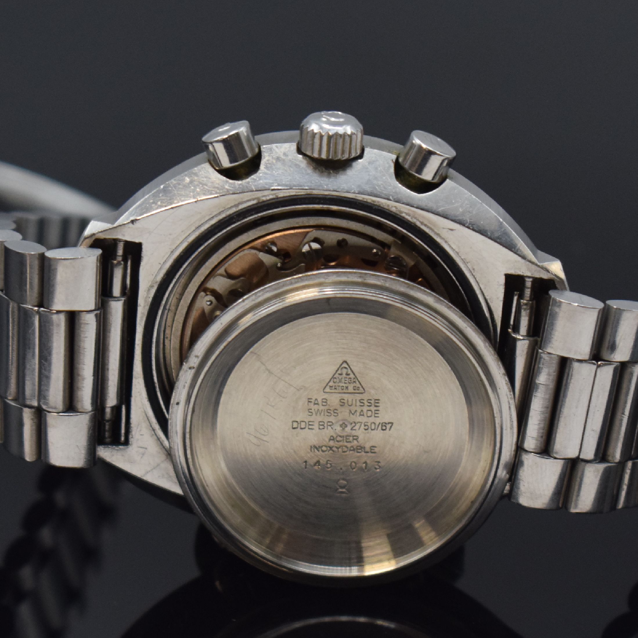 Detail h: OMEGA Flightmaster Herrenchronograph in Stahl Referenz 145.013, Schweiz um 1970, Handaufzug, verschr. Geh., orig. HOLZER-Mexico Stahlband, Kronen ...