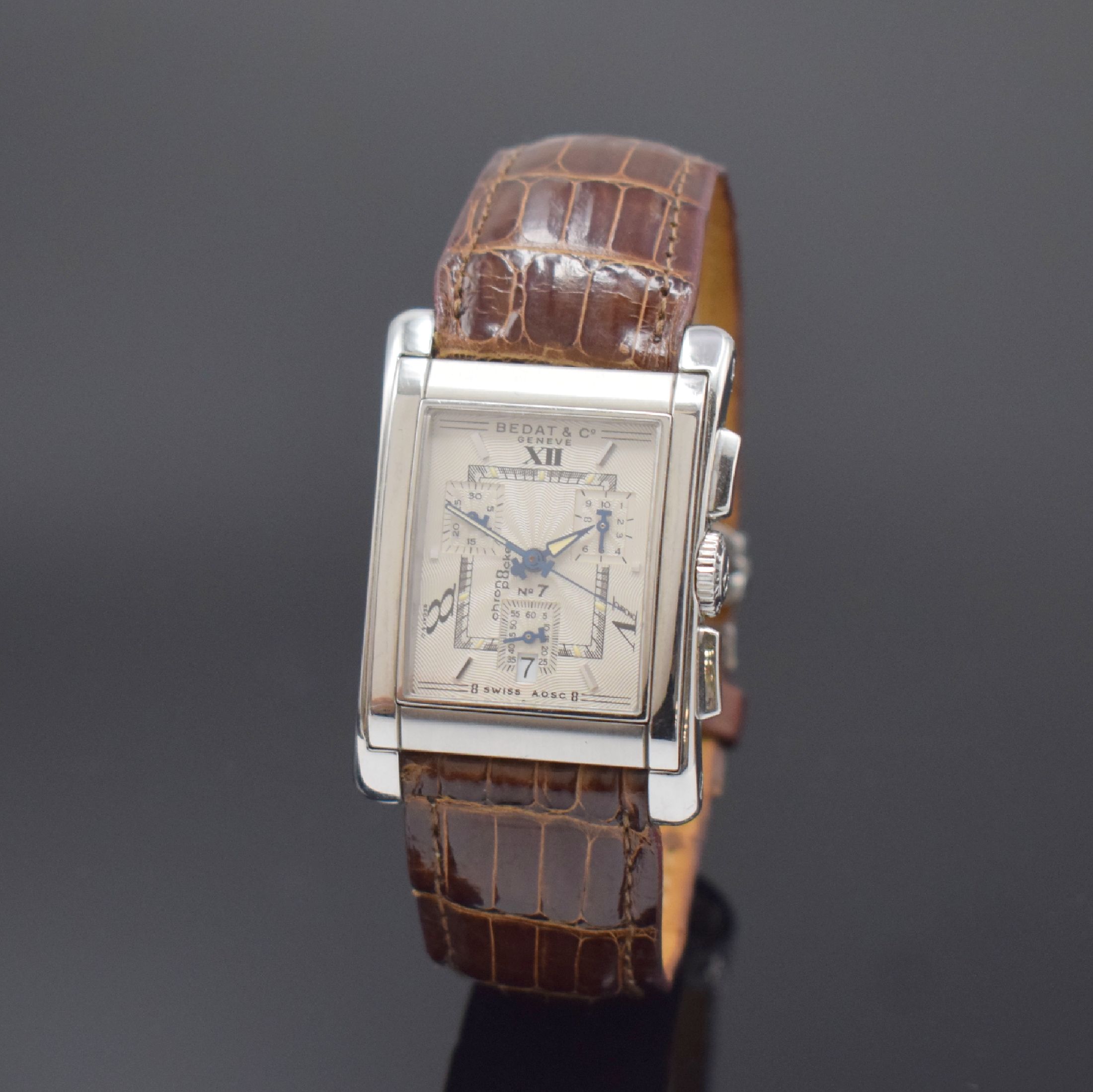 BEDAT & Co Geneve Chrono Pocket No. 7 rechteckiger Armbandchronograph in Stahl Referenz 778, Schweiz um 2010, quartz, 4- fach verschr. Geh., Boden m. ...