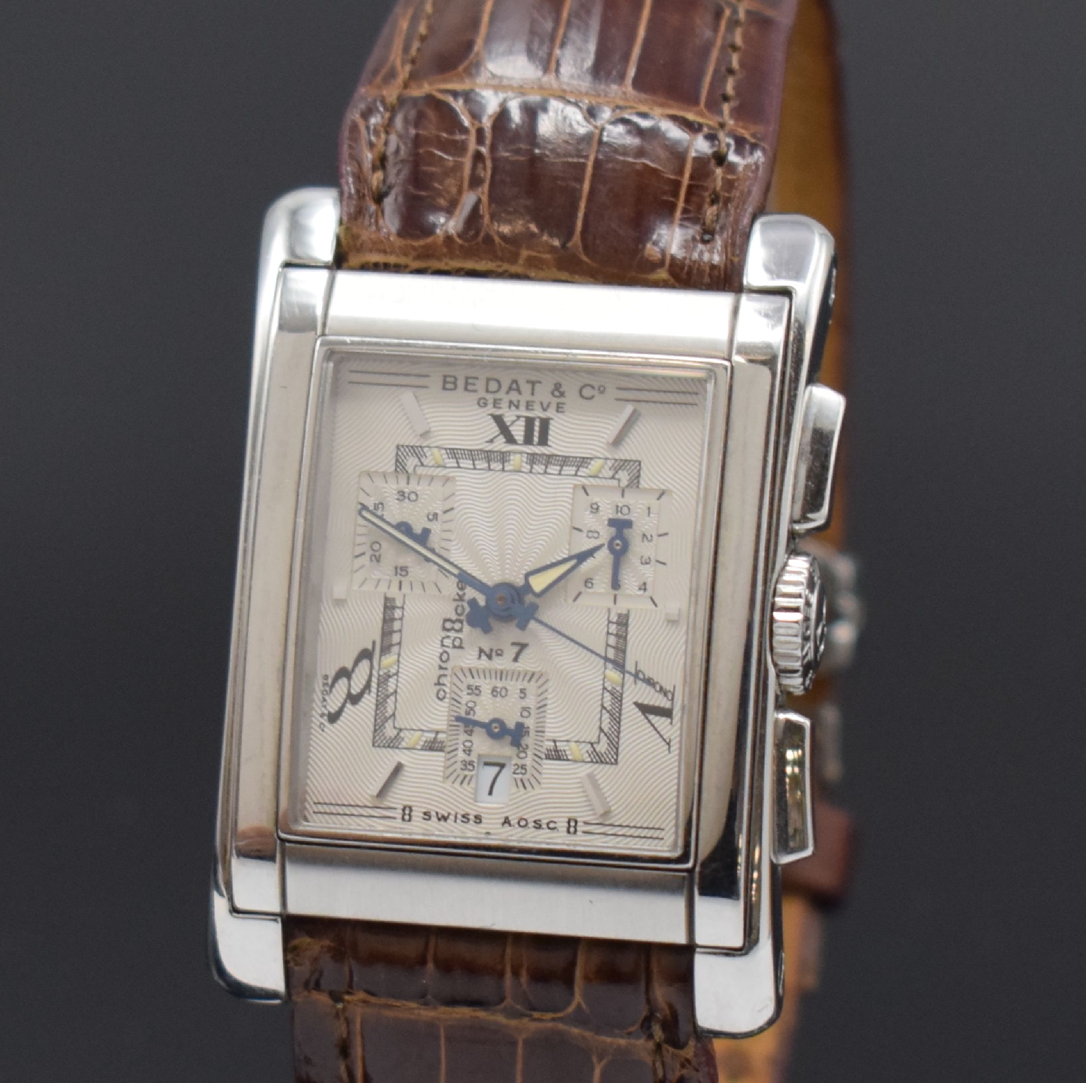 Detail a: BEDAT & Co Geneve Chrono Pocket No. 7 rechteckiger Armbandchronograph in Stahl Referenz 778, Schweiz um 2010, quartz, 4- fach verschr. Geh., Boden m. ...