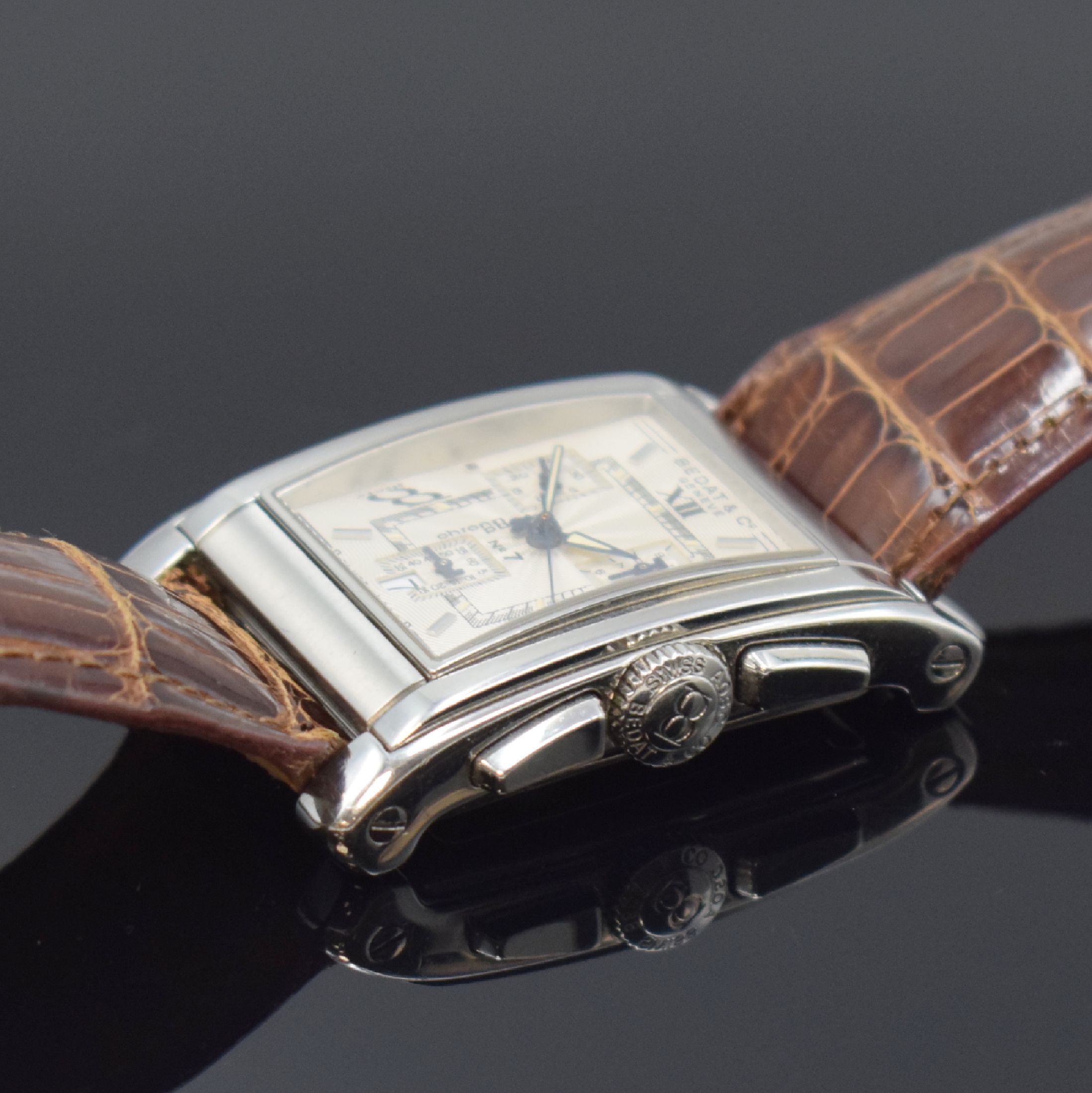 Detail b: BEDAT & Co Geneve Chrono Pocket No. 7 rechteckiger Armbandchronograph in Stahl Referenz 778, Schweiz um 2010, quartz, 4- fach verschr. Geh., Boden m. ...