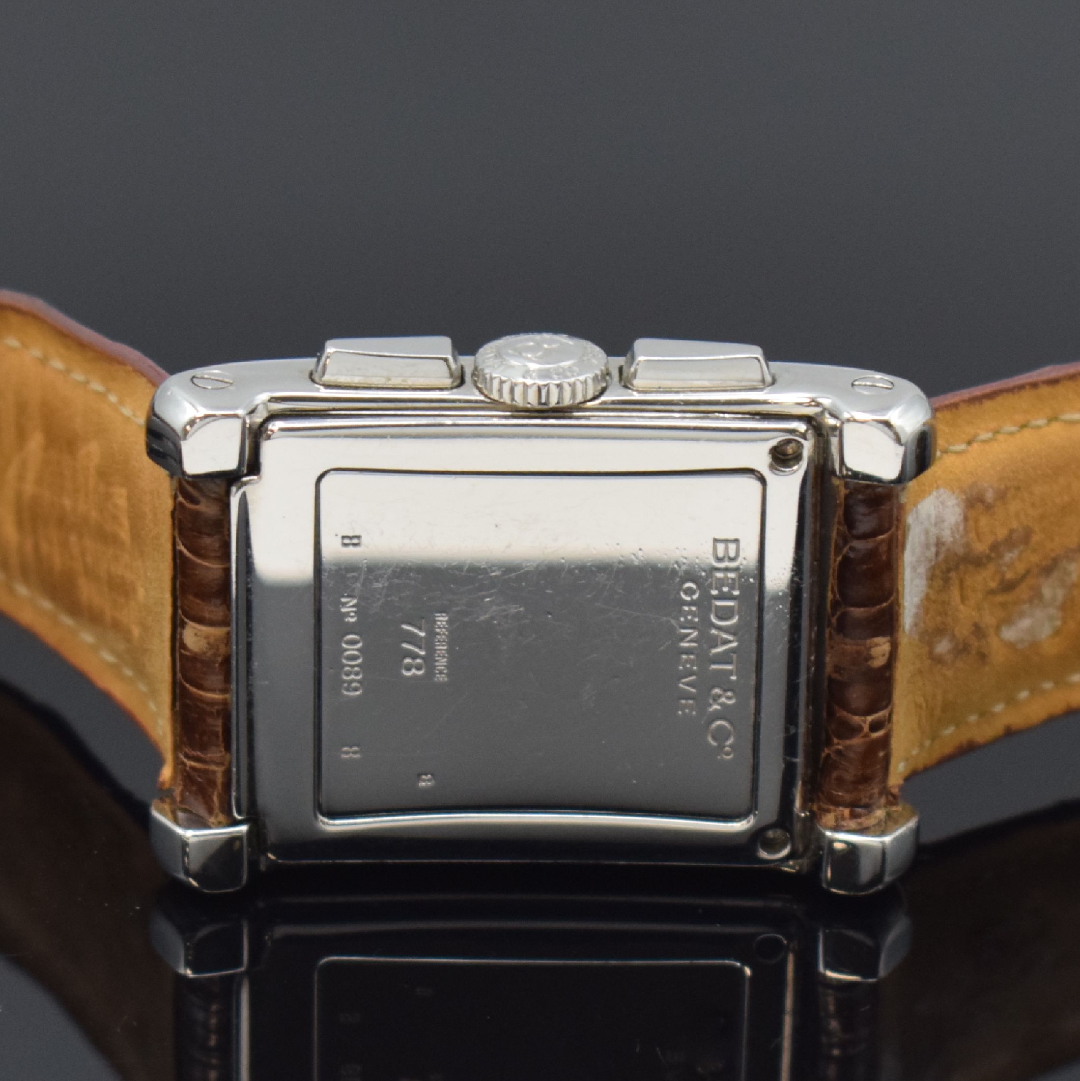 Detail c: BEDAT & Co Geneve Chrono Pocket No. 7 rechteckiger Armbandchronograph in Stahl Referenz 778, Schweiz um 2010, quartz, 4- fach verschr. Geh., Boden m. ...