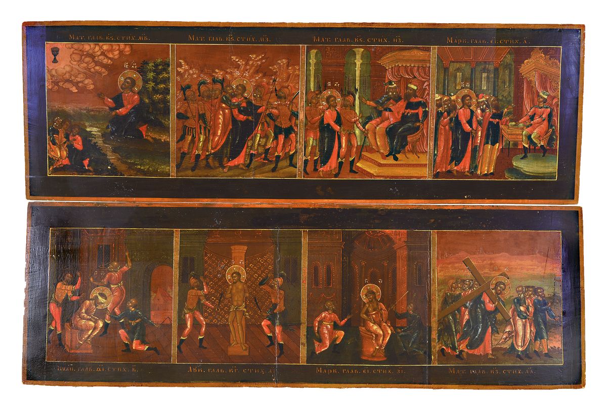 Festtagsreihe in Form zweier Quadriptychons, Russland, 19.Jh., 8 der 12 Hochfeste der Ostkirche, Tempera auf Holz, Alterssp., rest.,je 26x80 cm
