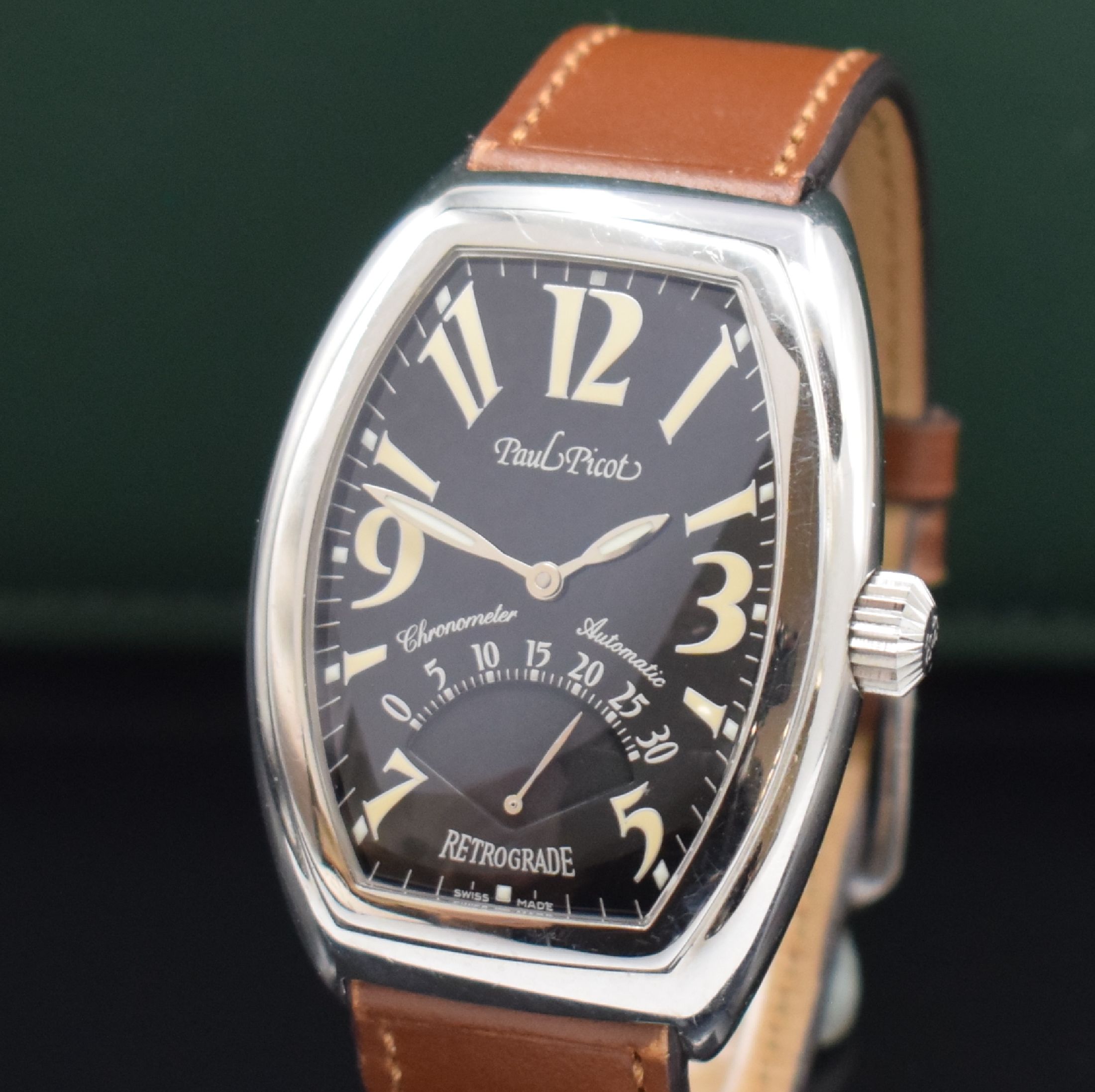 Detail a: PAUL PICOT Firshire 3000 Armbanduhr mit retrograder Sekunde, Schweiz um 2010, Automatik, 4-fach verschr. Tonneauförm. Edelstahlgeh., schwarzes ...