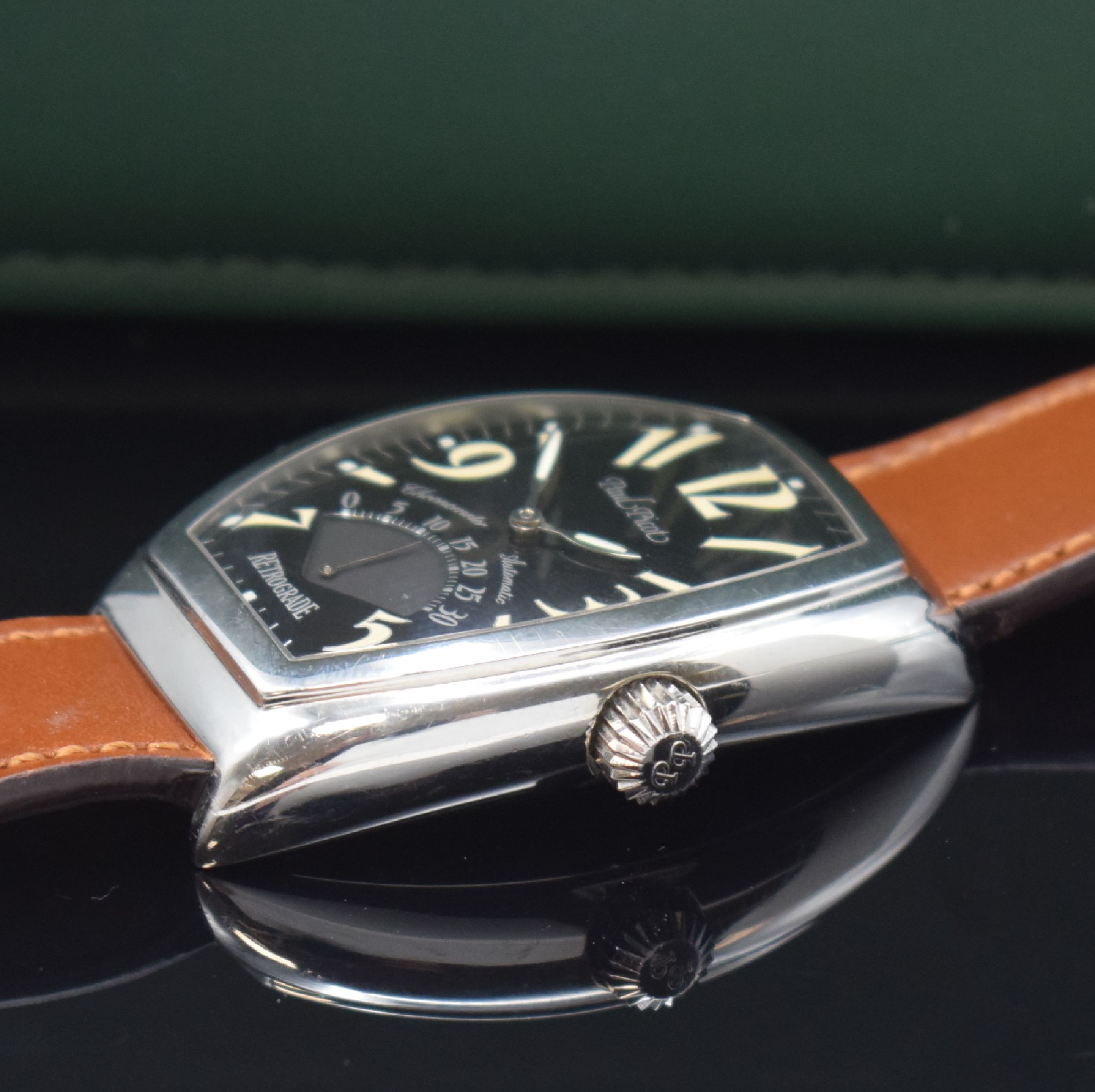Detail b: PAUL PICOT Firshire 3000 Armbanduhr mit retrograder Sekunde, Schweiz um 2010, Automatik, 4-fach verschr. Tonneauförm. Edelstahlgeh., schwarzes ...