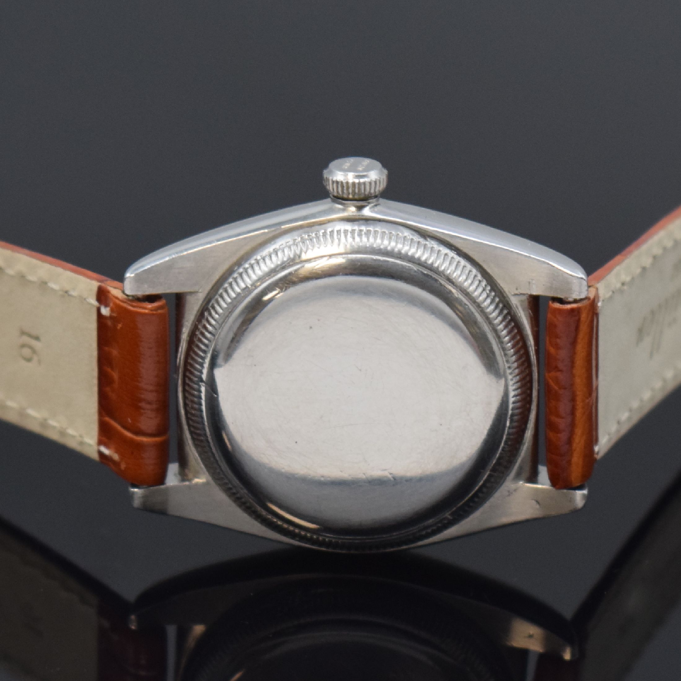 Detail c: ROLEX Bubble Back Referenz 2940 Armbanduhr in Stahl, Schweiz um 1945, Automatik, verschr. Oystergeh. m. glatter Lünette, orig. Krone verschr., silb. ...