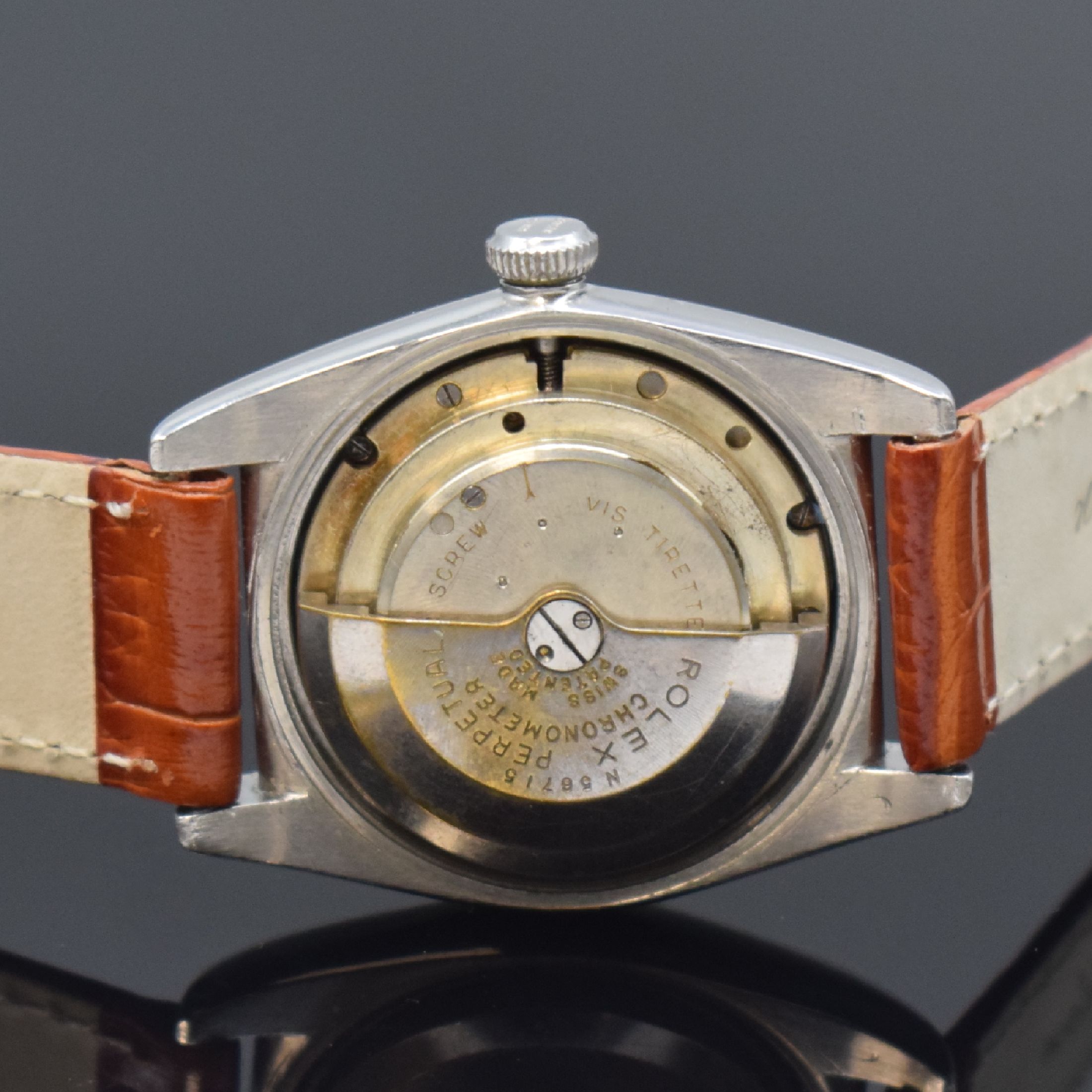 Detail d: ROLEX Bubble Back Referenz 2940 Armbanduhr in Stahl, Schweiz um 1945, Automatik, verschr. Oystergeh. m. glatter Lünette, orig. Krone verschr., silb. ...