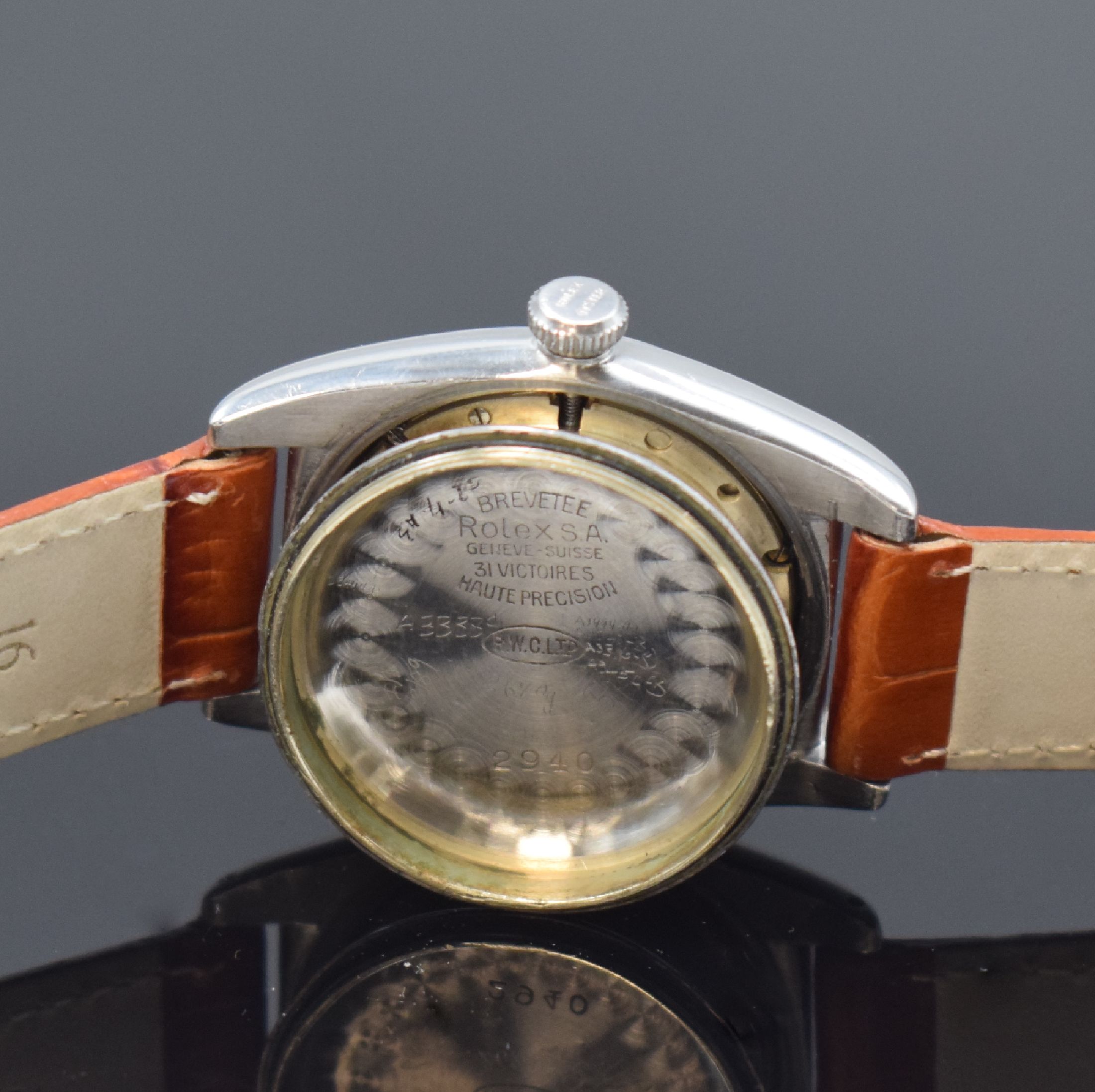 Detail f: ROLEX Bubble Back Referenz 2940 Armbanduhr in Stahl, Schweiz um 1945, Automatik, verschr. Oystergeh. m. glatter Lünette, orig. Krone verschr., silb. ...