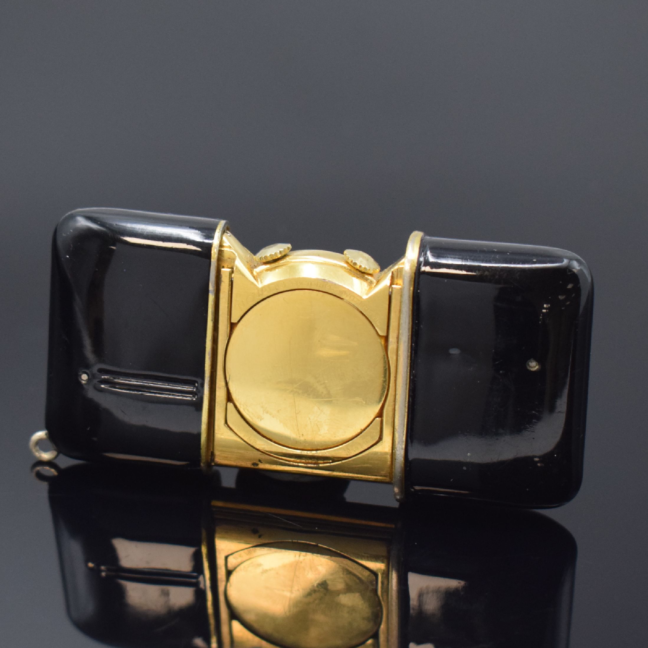 Detail b: MOVADO Ermetophon vergoldeter Taschenwecker, Schweiz um 1950, Schiebeaufzug, verg. Geh. m. aufstellbarem Bügel, Kapsel später schwarz lackiert, ...