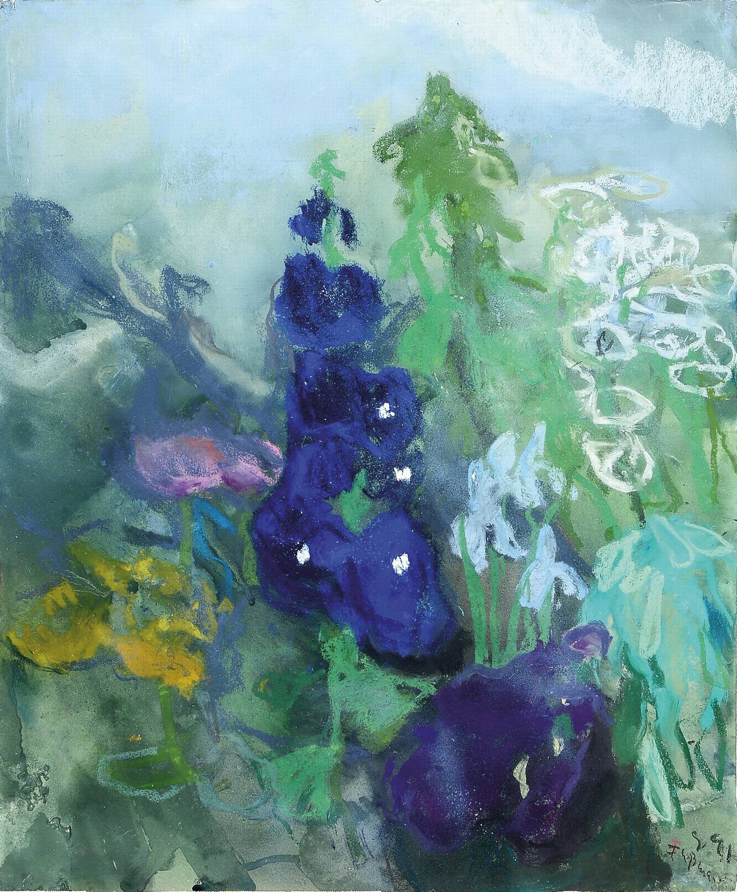 Klaus Fußmann, geb. 1938, Gouache/Farbkreide auf Büttenkarton, großformatiges Blumenstillleben, aus dem graublauen Hintergrund herausgearbeitet, ...