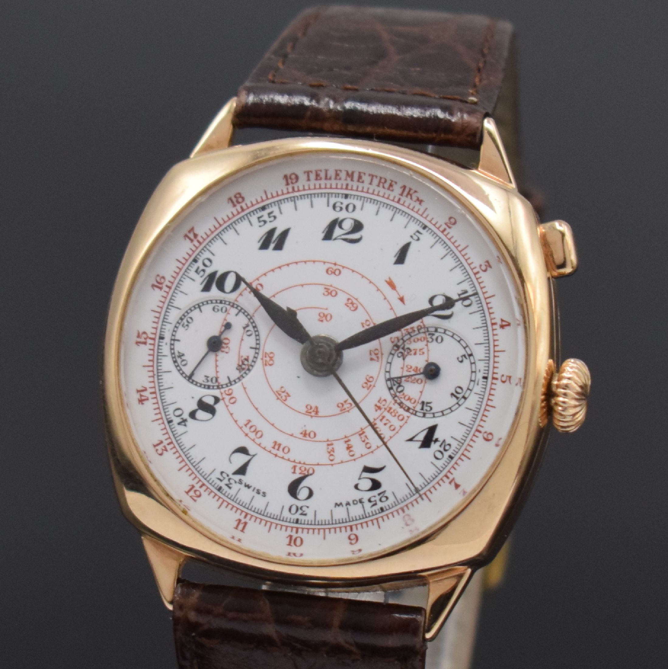 Detail a: Früher Eindrücker-Herrenchronograph mit Schaltrad Kaliber 15GHT in RG 585/000, Schweiz m 1920, Handaufzug, 3-teil. kissenförm. Geh., Boden u. ...