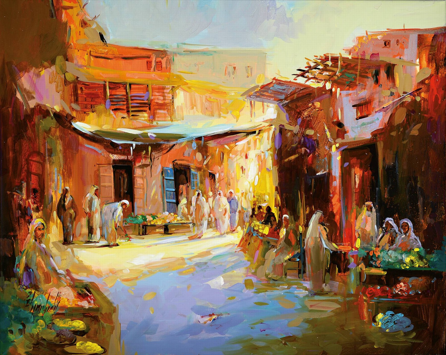 Abbas Al-Mosawi, geb. 1952, Soukszene/ orientalischer Markt im Abendlicht, reiche Figurenstaffage mit Händlern und Besuchern im Gespräch, li. u. ...