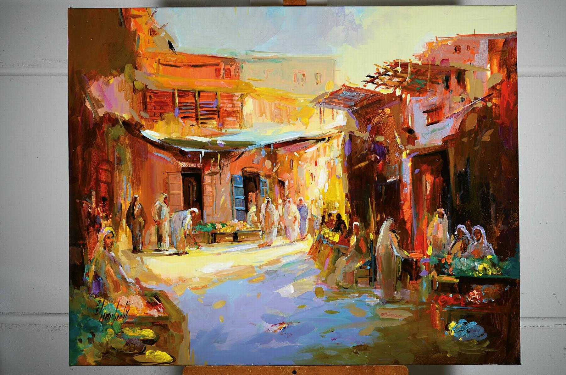 Detail k: Abbas Al-Mosawi, geb. 1952, Soukszene/ orientalischer Markt im Abendlicht, reiche Figurenstaffage mit Händlern und Besuchern im Gespräch, li. u. ...