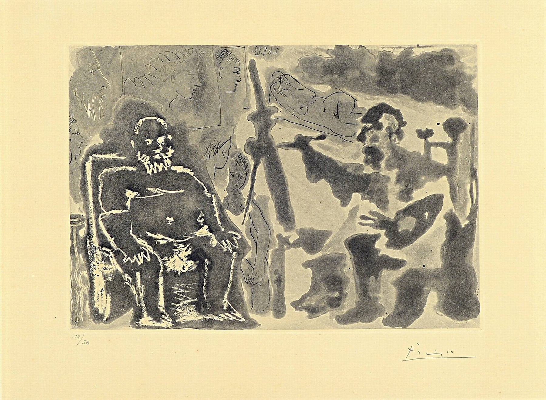 Pablo Picasso, 1881-1973, Aquatinta und Kaltnadelradierung auf Richard DeBas Papier,"Peintre avec modele barbu assisune Chaise", 1963, die ...