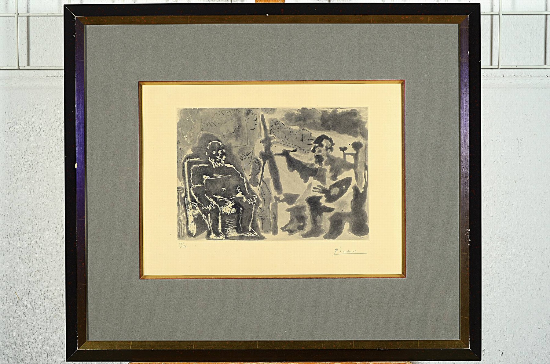 Detail k: Pablo Picasso, 1881-1973, Aquatinta und Kaltnadelradierung auf Richard DeBas Papier,"Peintre avec modele barbu assisune Chaise", 1963, die ...