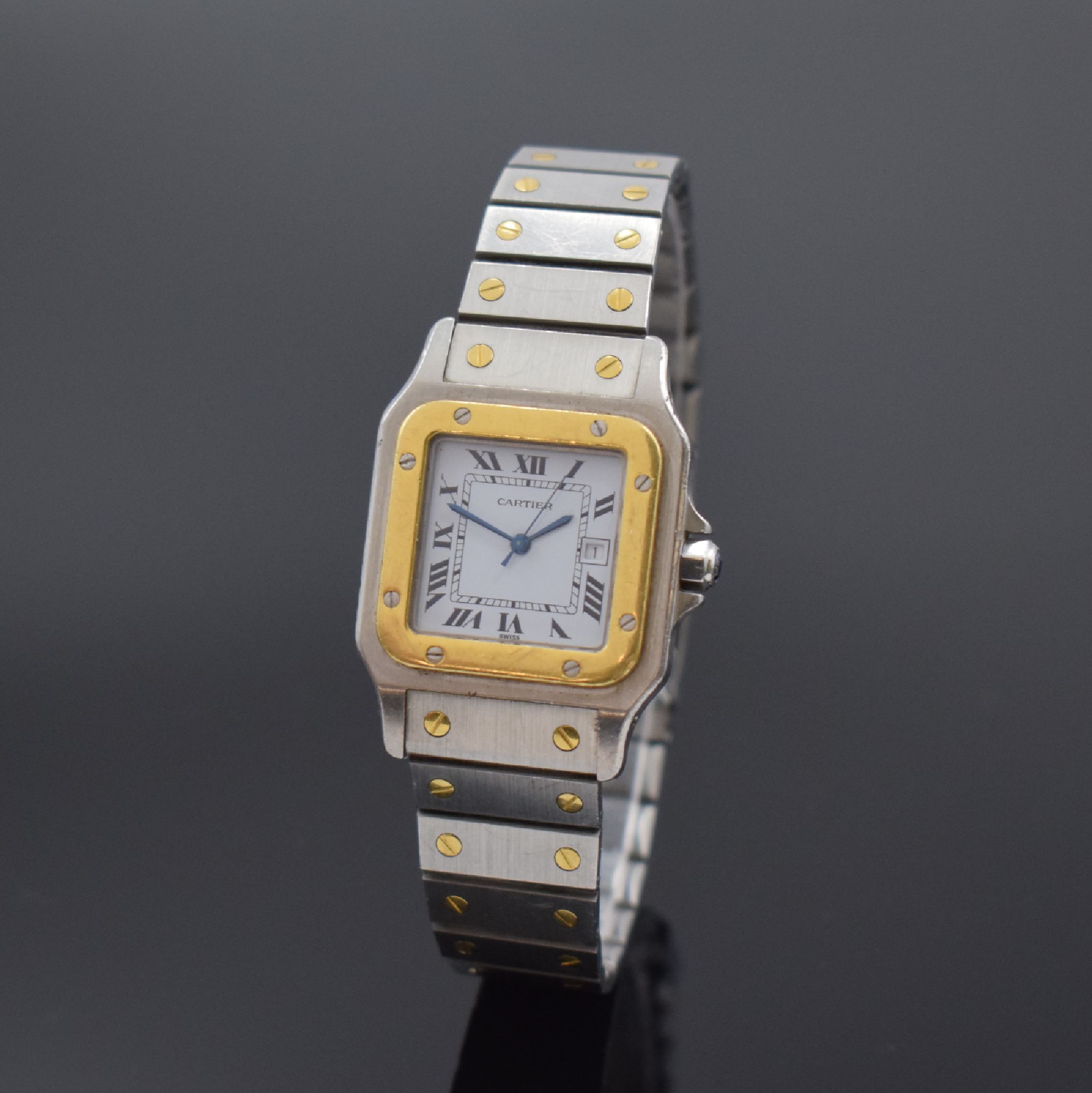 CARTIER Santos Herrenarmbanduhr, Schweiz um 1985, Automatik, Edelstahl/Gold kombiniert inkl. Gliederband m. Faltschl., Monocoque- Geh., Lünette ...