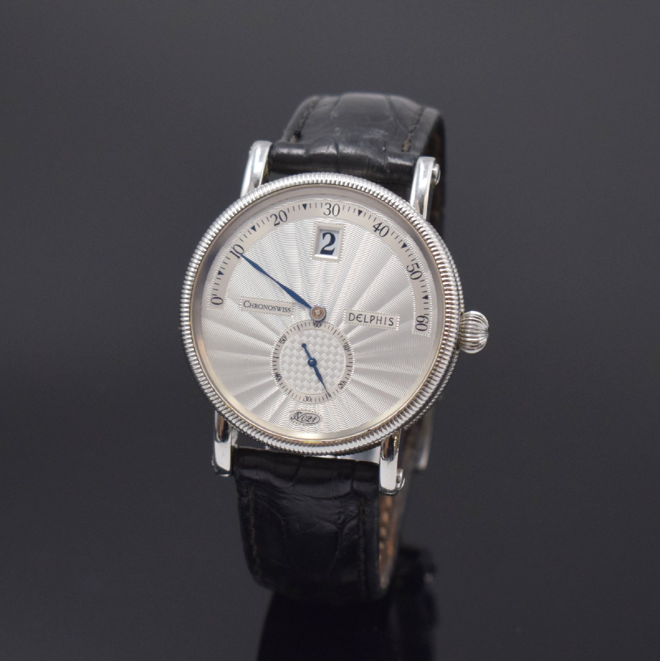 CHRONOSWISS Delphis Herrenarmbanduhr in Edelstahl Referenz 1423CH, Schweiz um 2000, Automatik, beids. vergl. Geh., Boden geschr., Lederband m. orig. ...