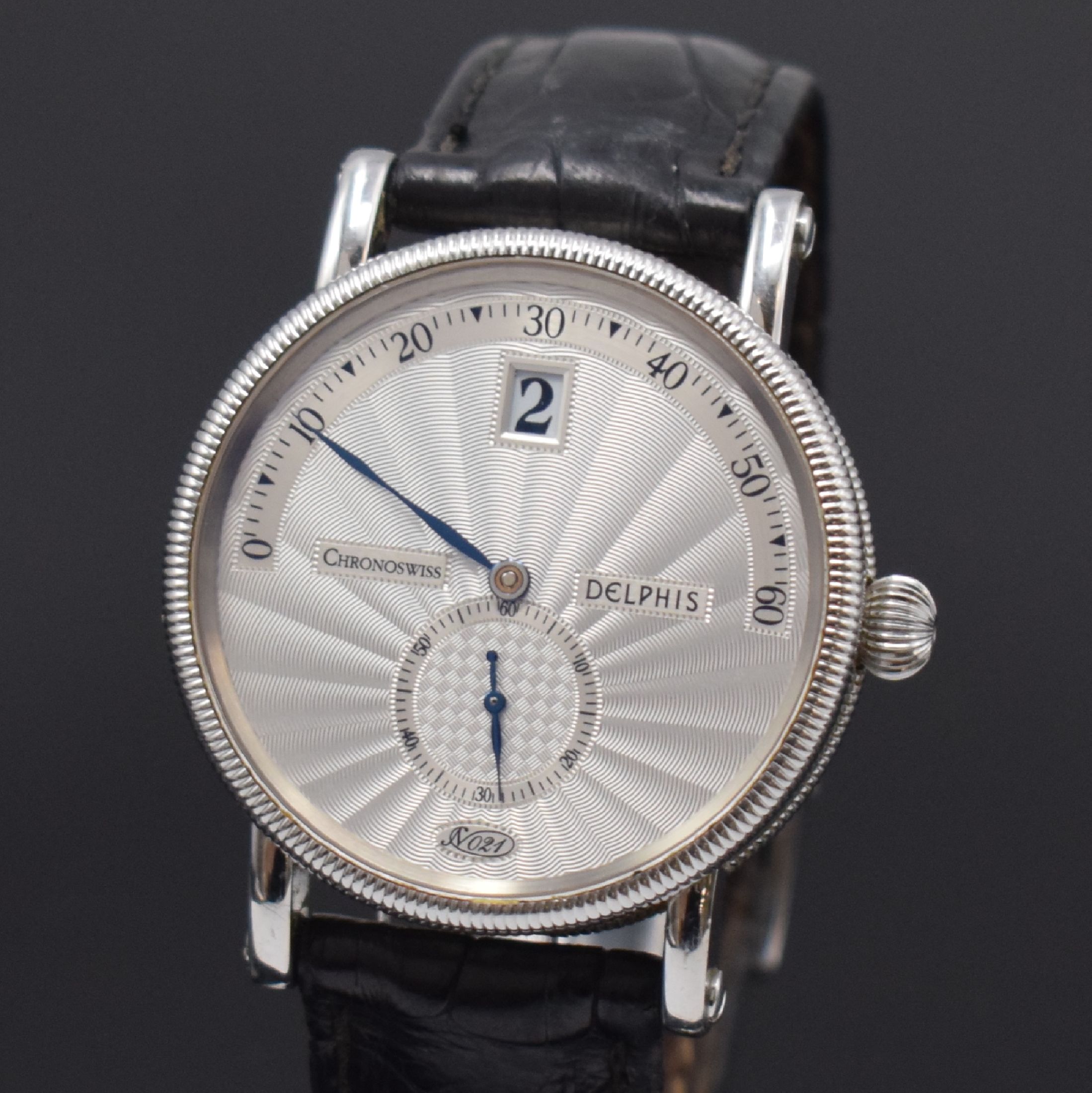 Detail a: CHRONOSWISS Delphis Herrenarmbanduhr in Edelstahl Referenz 1423CH, Schweiz um 2000, Automatik, beids. vergl. Geh., Boden geschr., Lederband m. orig. ...