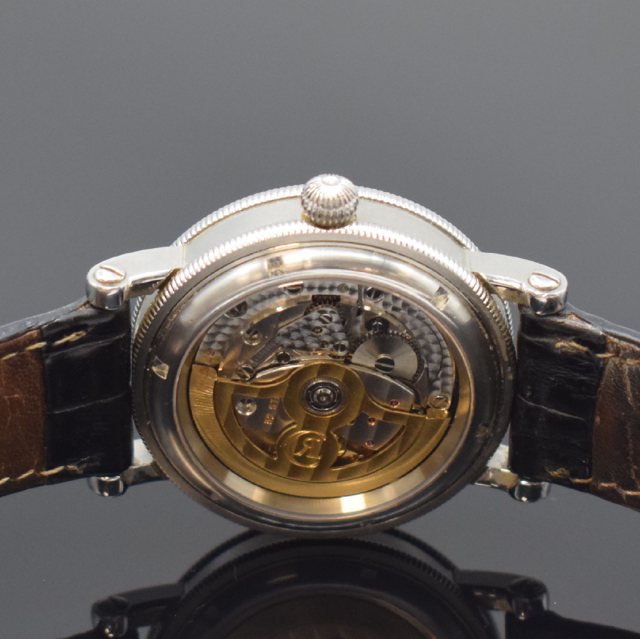Detail d: CHRONOSWISS Delphis Herrenarmbanduhr in Edelstahl Referenz 1423CH, Schweiz um 2000, Automatik, beids. vergl. Geh., Boden geschr., Lederband m. orig. ...