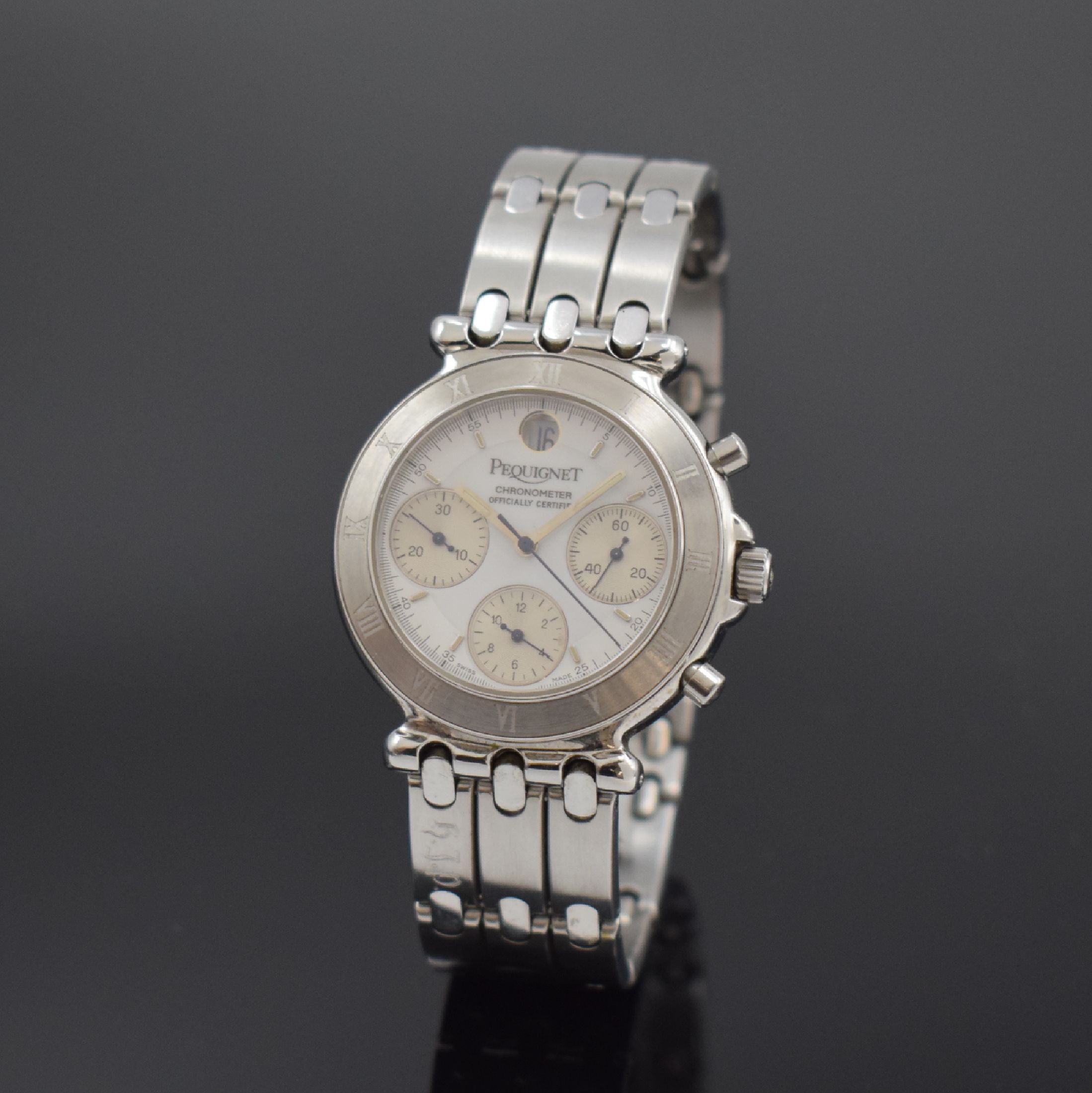 PEQUIGNET Chronometer Herrenarmbanduhr mit Chronograph in Stahl, Schweiz um 2000, Automatik, beids. verg. Geh., Boden u. Krone verschr., Stahlband m. ...