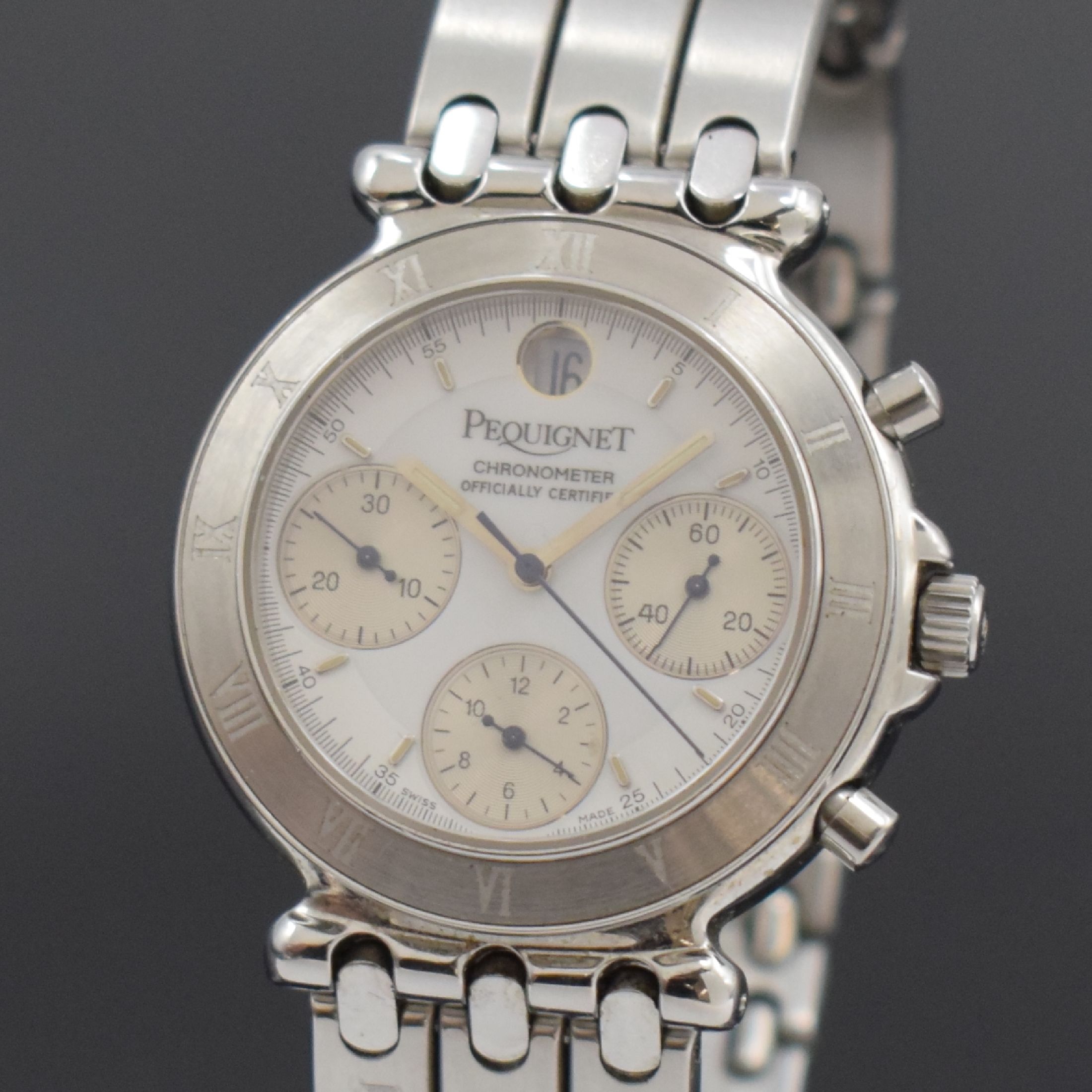 Detail a: PEQUIGNET Chronometer Herrenarmbanduhr mit Chronograph in Stahl, Schweiz um 2000, Automatik, beids. verg. Geh., Boden u. Krone verschr., Stahlband m. ...