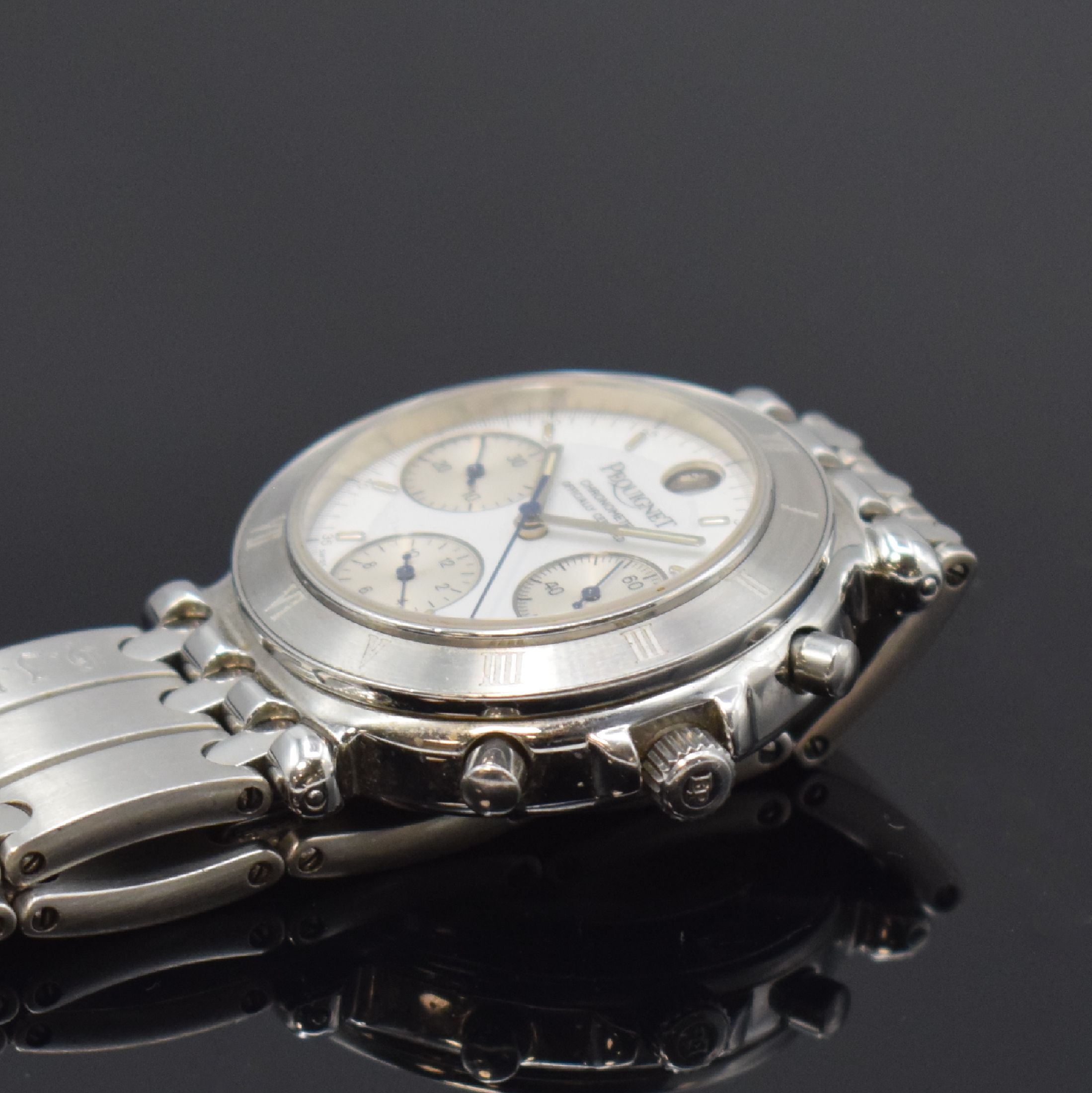 Detail b: PEQUIGNET Chronometer Herrenarmbanduhr mit Chronograph in Stahl, Schweiz um 2000, Automatik, beids. verg. Geh., Boden u. Krone verschr., Stahlband m. ...