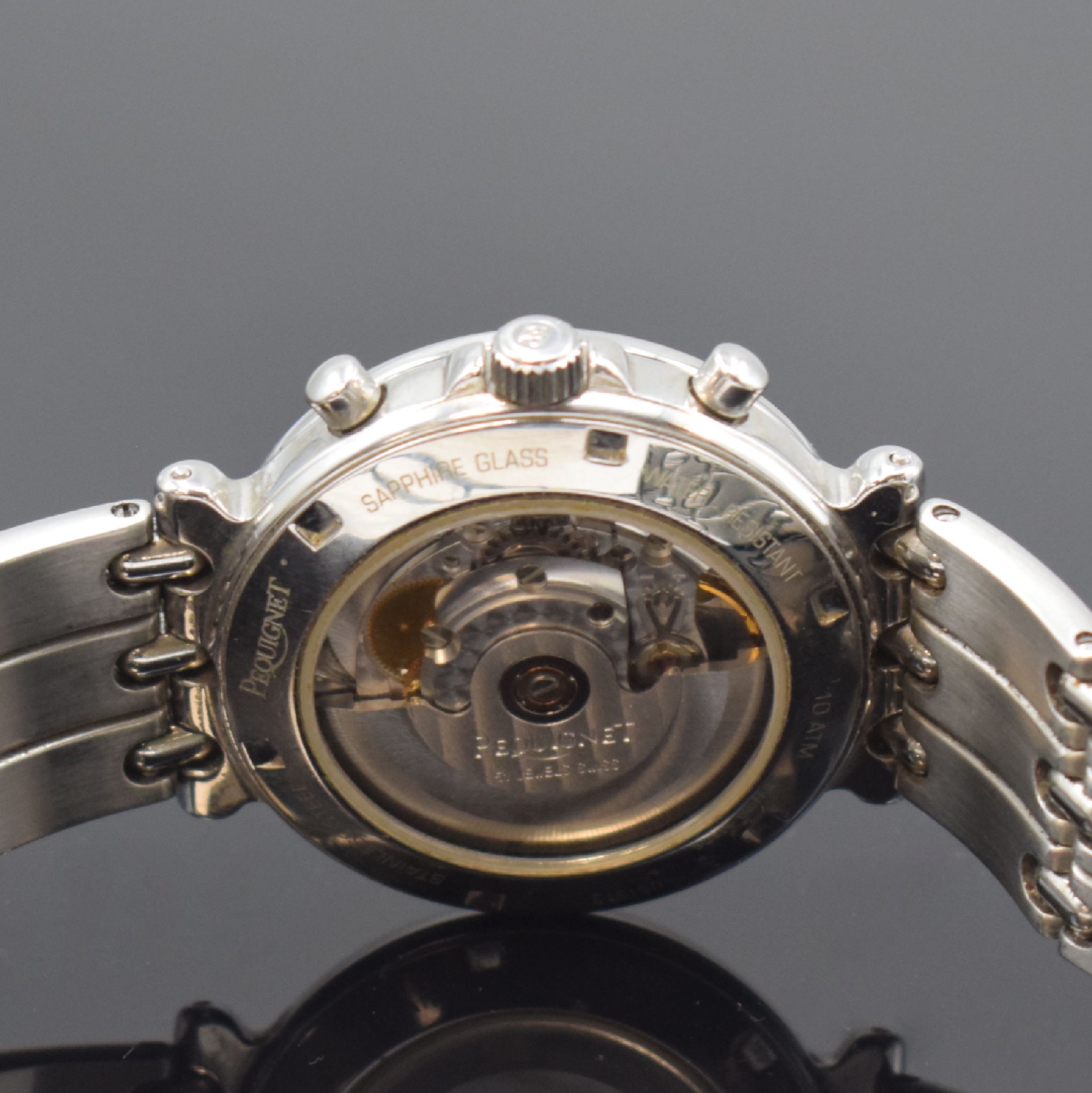 Detail c: PEQUIGNET Chronometer Herrenarmbanduhr mit Chronograph in Stahl, Schweiz um 2000, Automatik, beids. verg. Geh., Boden u. Krone verschr., Stahlband m. ...