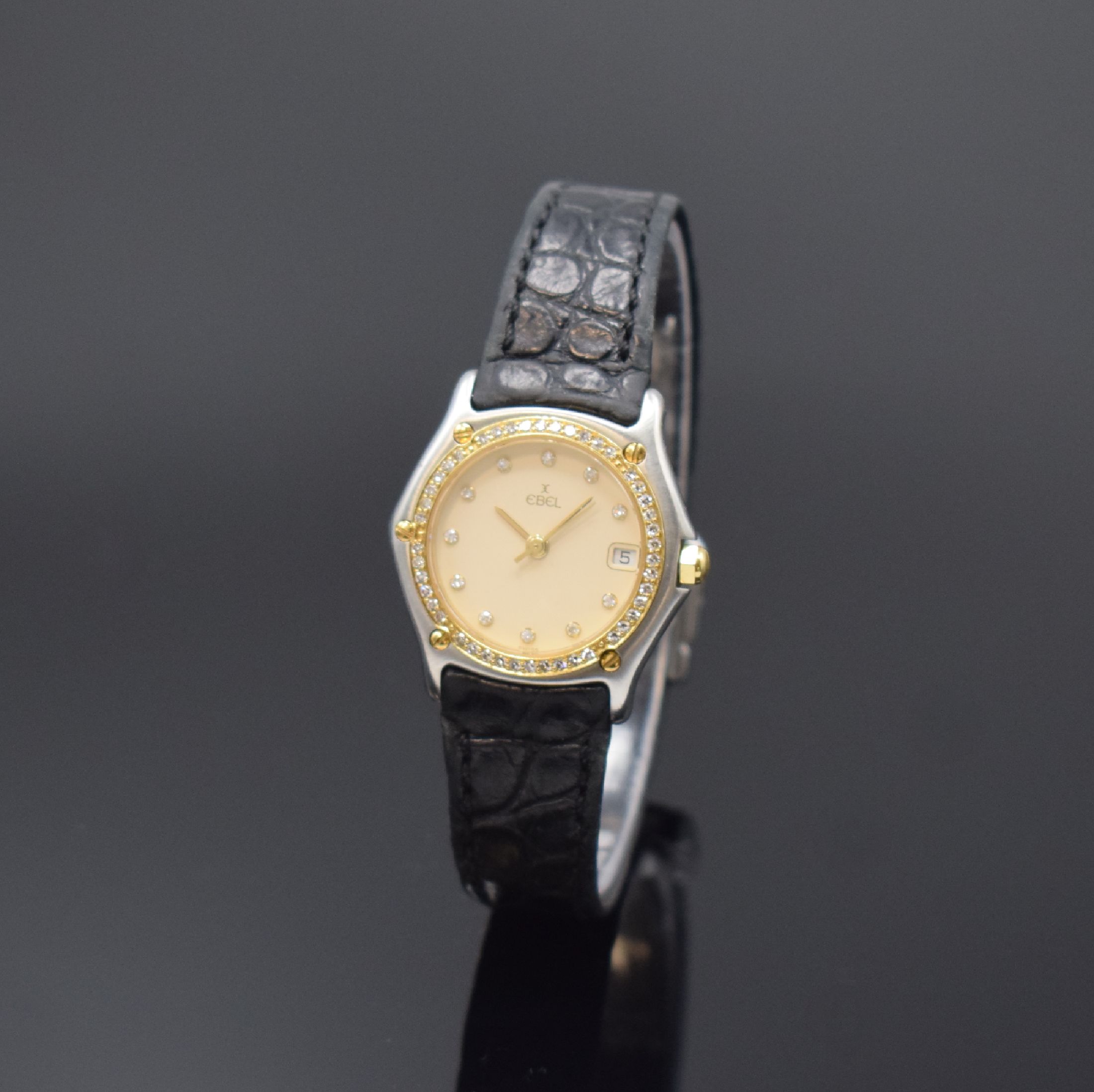 EBEL Sport Classique Damenarmbanduhr Referenz 183930 mit Diamanten, Schweiz um 1995, quarz, Edelstahl u. Gold komb., orig. Lederband m. Faltschl., ...