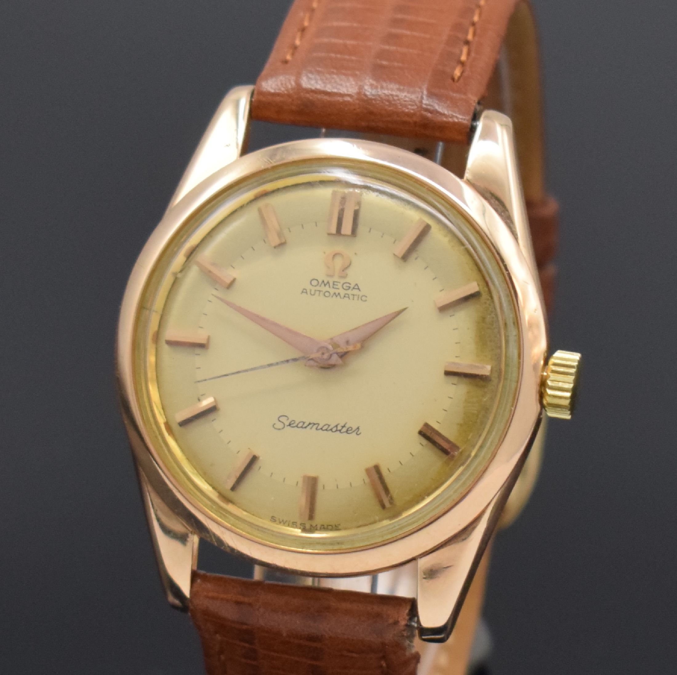 Detail a: OMEGA Seamaster "Big Logo" seltene Herrenarmbanduhr Referenz 2575 SC in RG 750/000, Automatik, Schweiz um 1958, Boden aufgedr., ...