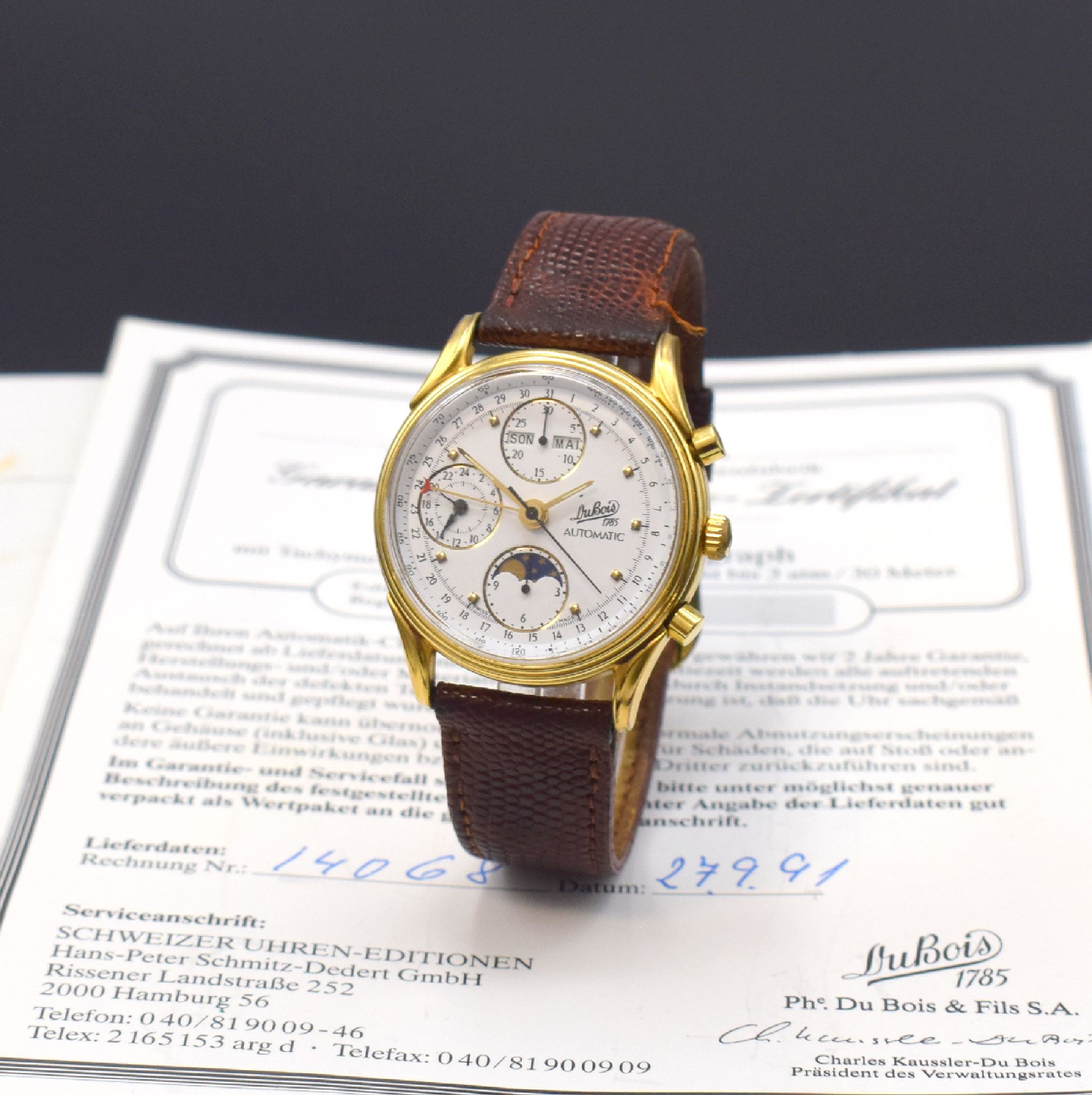 DUBOIS auf 649 Stück limitierte Herrenarmbanduhr mit Chronograph und Vollkalender, Schweiz verk. lt. beil. Garantiezertifikat 09/1991, Automatik, ...