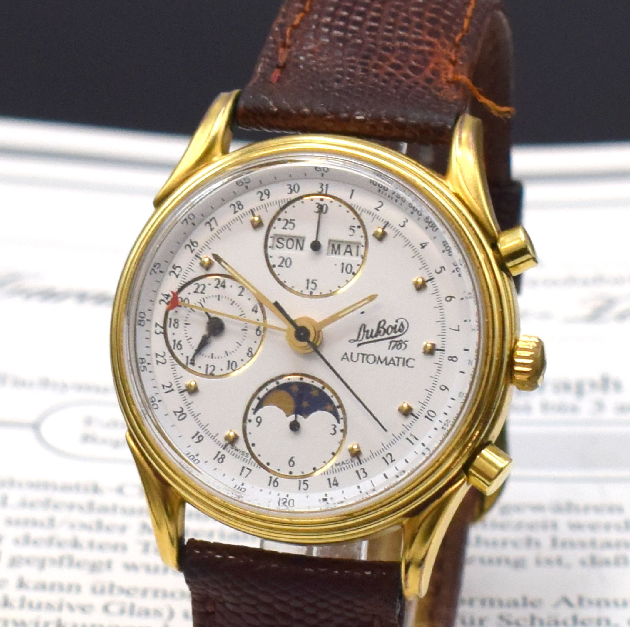 Detail a: DUBOIS auf 649 Stück limitierte Herrenarmbanduhr mit Chronograph und Vollkalender, Schweiz verk. lt. beil. Garantiezertifikat 09/1991, Automatik, ...