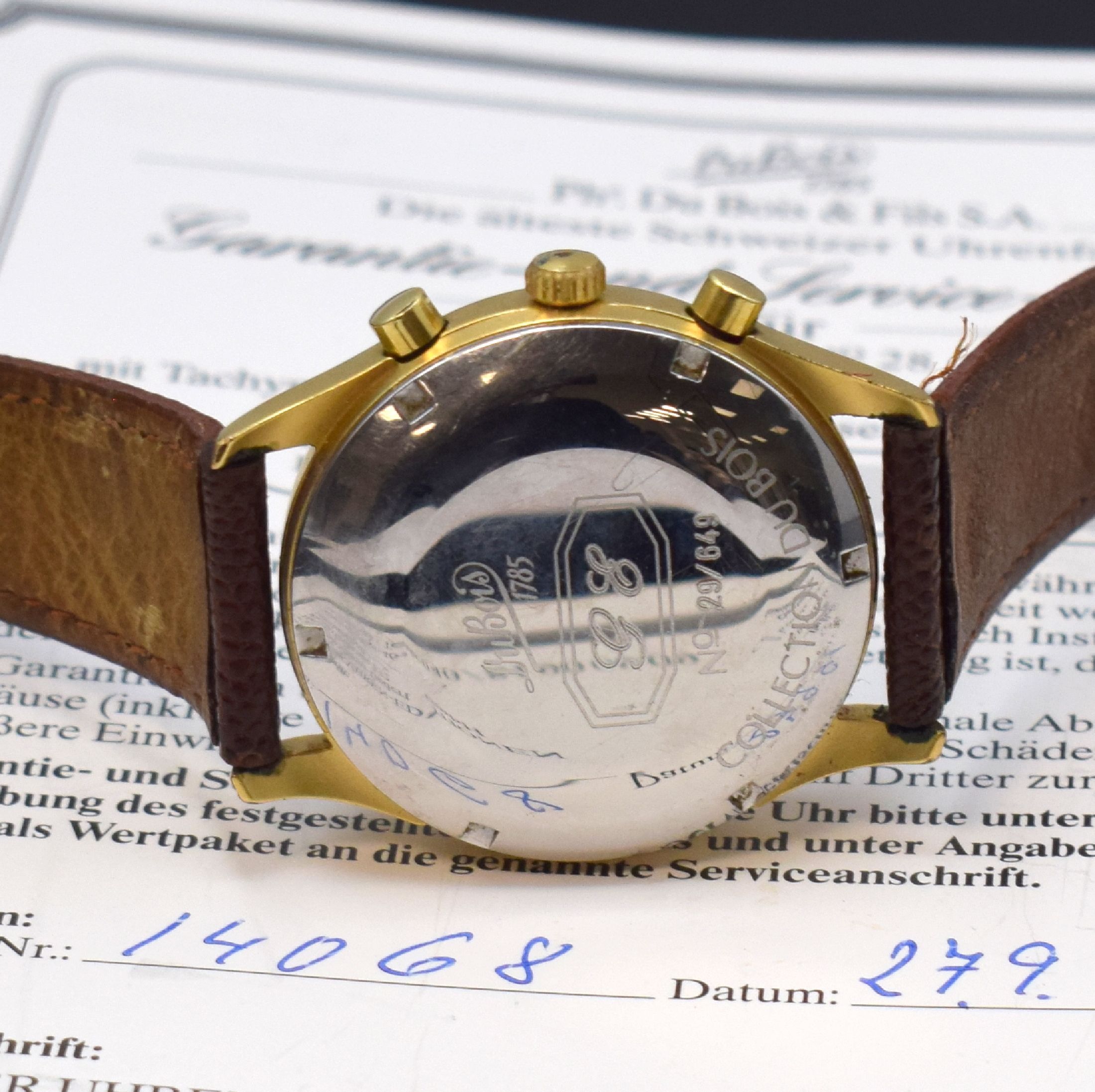 Detail c: DUBOIS auf 649 Stück limitierte Herrenarmbanduhr mit Chronograph und Vollkalender, Schweiz verk. lt. beil. Garantiezertifikat 09/1991, Automatik, ...