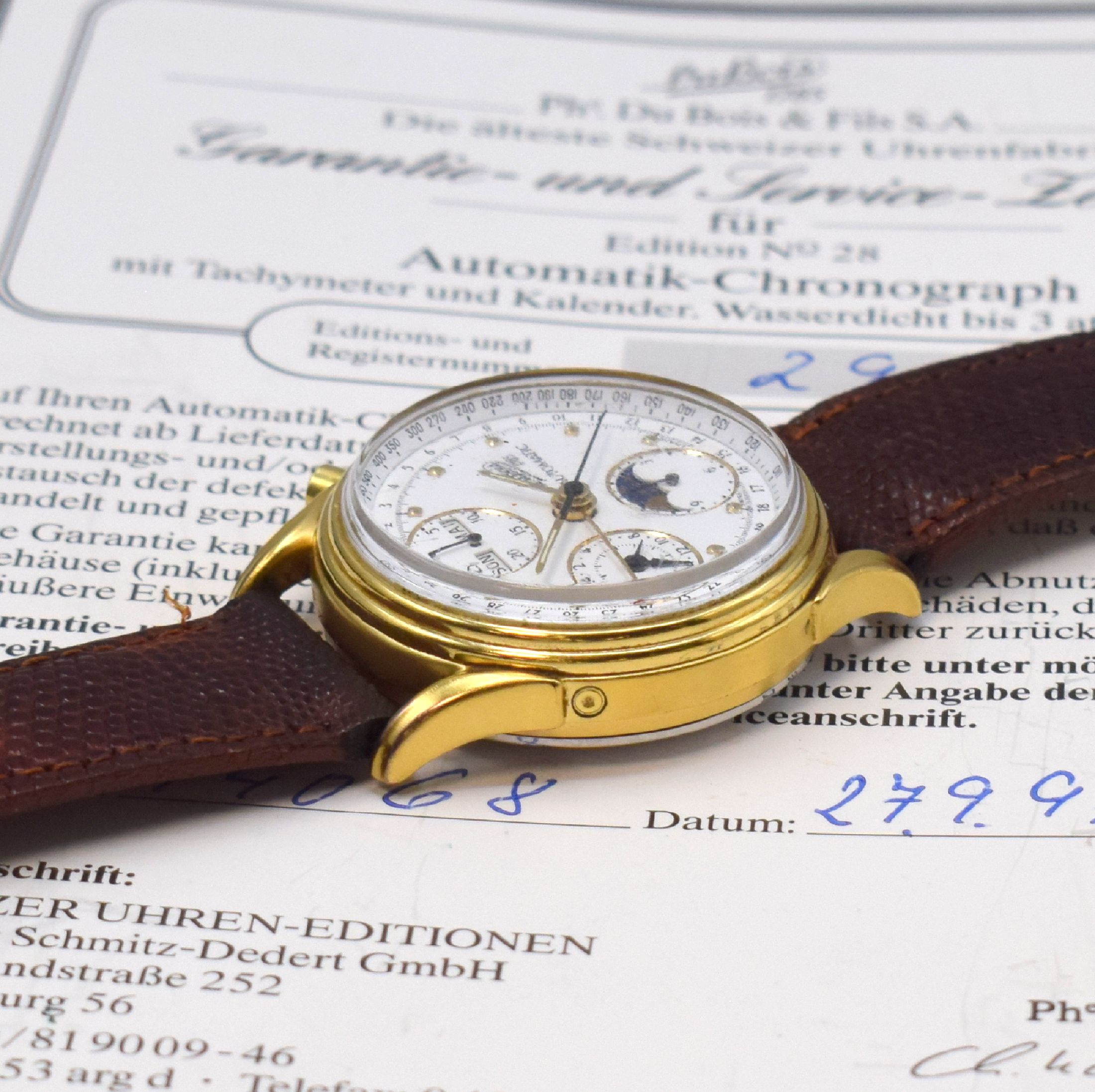 Detail d: DUBOIS auf 649 Stück limitierte Herrenarmbanduhr mit Chronograph und Vollkalender, Schweiz verk. lt. beil. Garantiezertifikat 09/1991, Automatik, ...