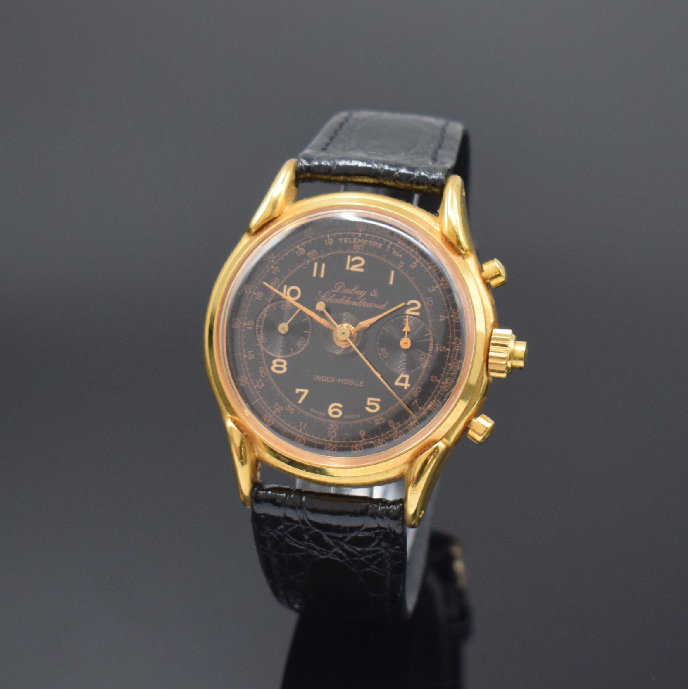 DUBEY & SCHALDENBRAND Index-Mobile Semi- Rattrapante Armbandchronograph, Schweiz um 1960/1990, Handaufzug, aus Restbeständen montierte Werke von ca. ...