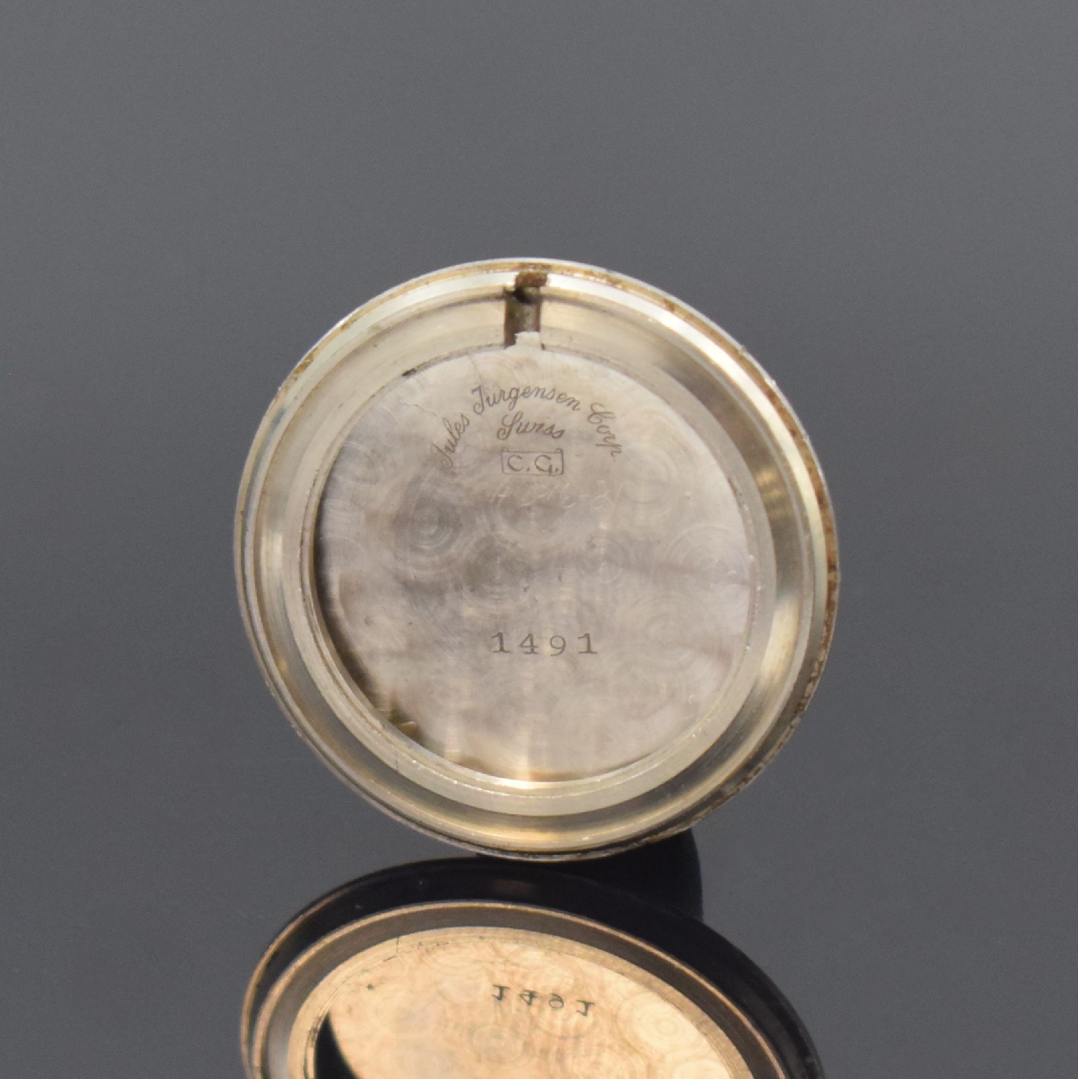 Detail e: JULES JÜRGENSEN Armbanduhr in WG 750/000, Schweiz 1960er Jahre, Handaufzug, strukt. Geh., Boden aufgedr., blaues Zifferbl. mit Freimaurersymbolik ...
