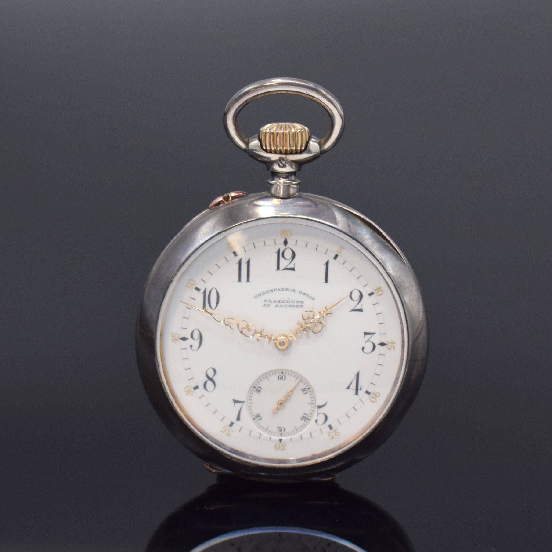 UHRENFABRIK UNION GLASHÜTTE offene Taschenuhr in 935er Silber, Deutschland um 1900, Geh. dell., guill. Rücks. m. Monogramm, Silbercuvette, ...