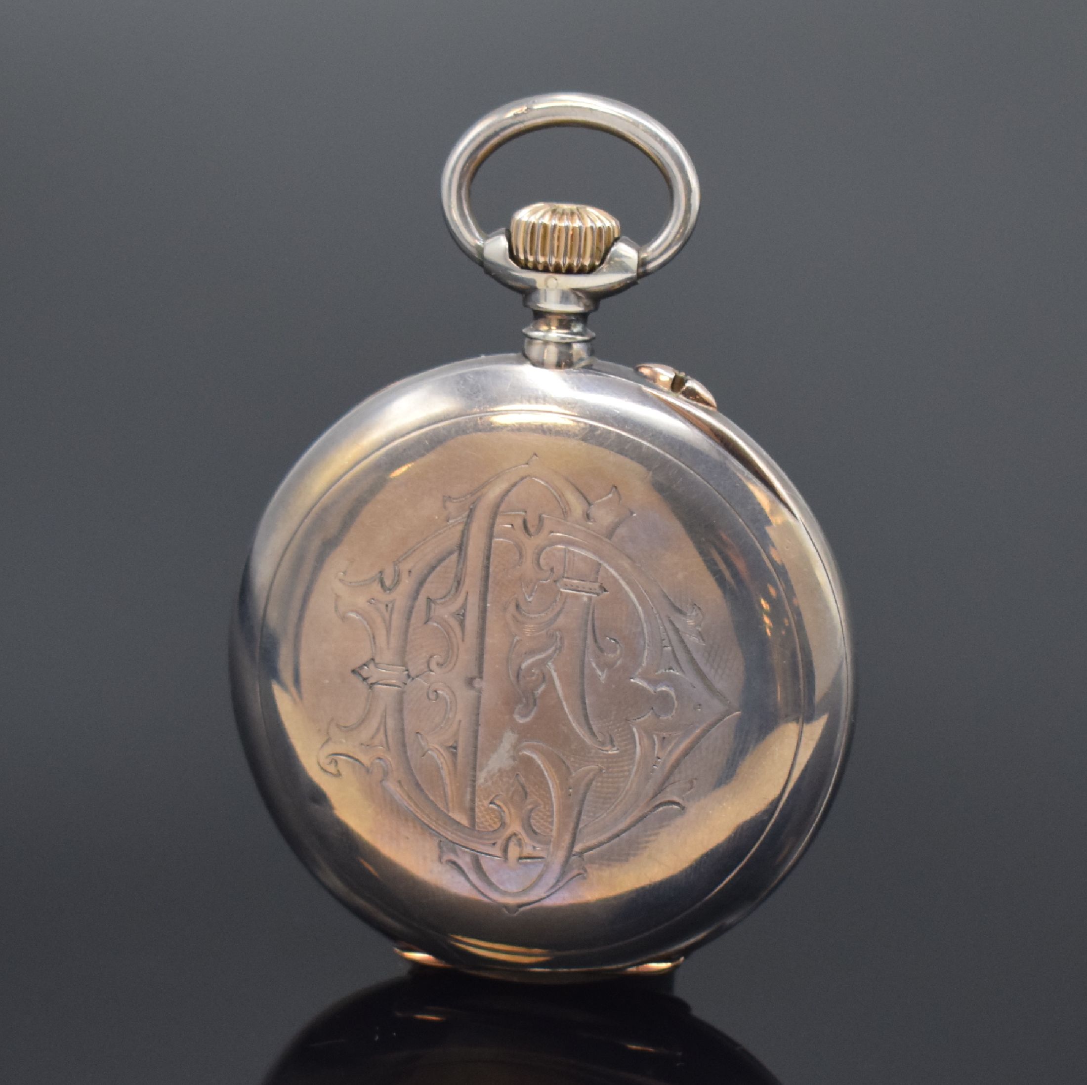 Detail a: UHRENFABRIK UNION GLASHÜTTE offene Taschenuhr in 935er Silber, Deutschland um 1900, Geh. dell., guill. Rücks. m. Monogramm, Silbercuvette, ...