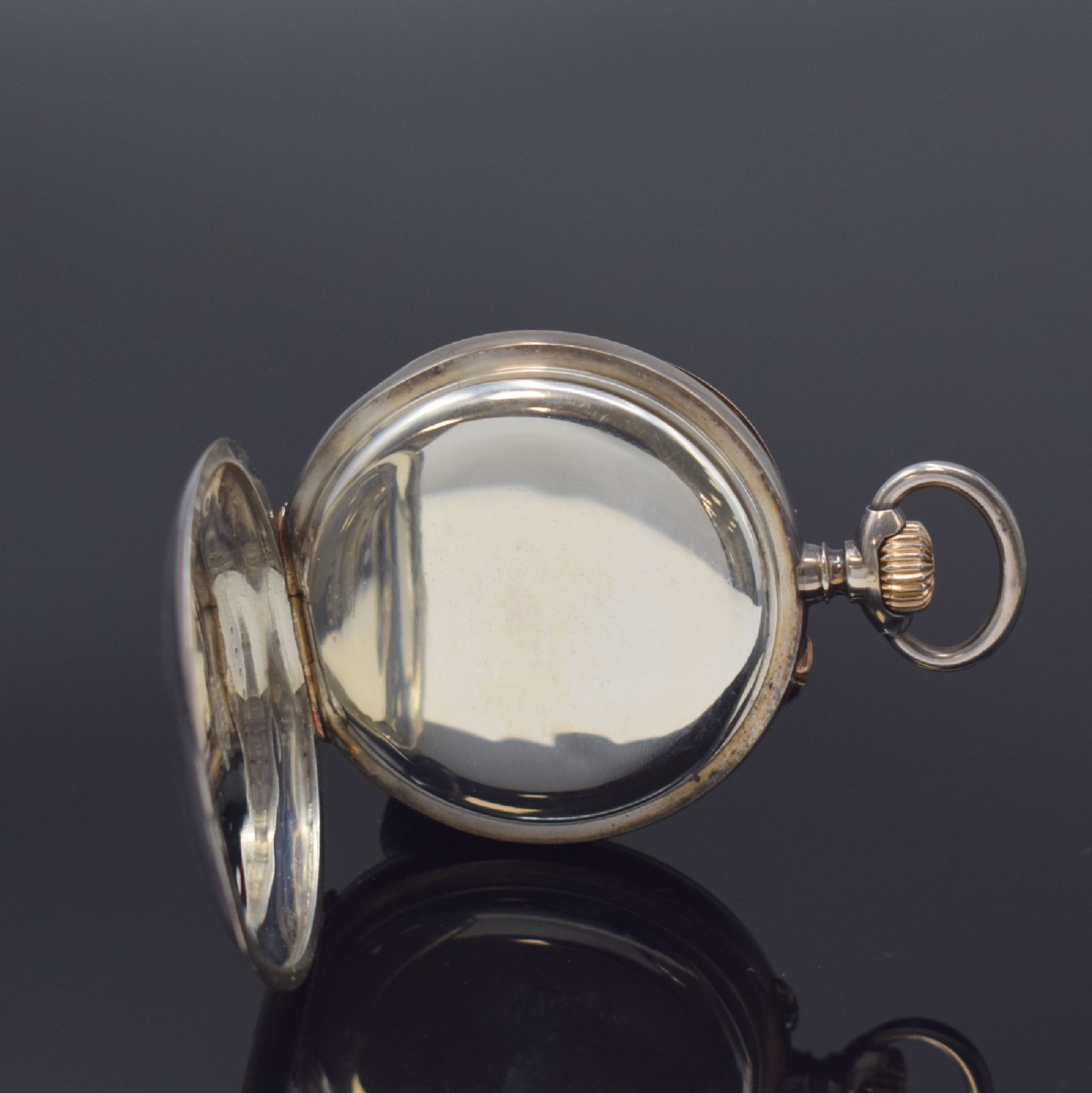 Detail c: UHRENFABRIK UNION GLASHÜTTE offene Taschenuhr in 935er Silber, Deutschland um 1900, Geh. dell., guill. Rücks. m. Monogramm, Silbercuvette, ...
