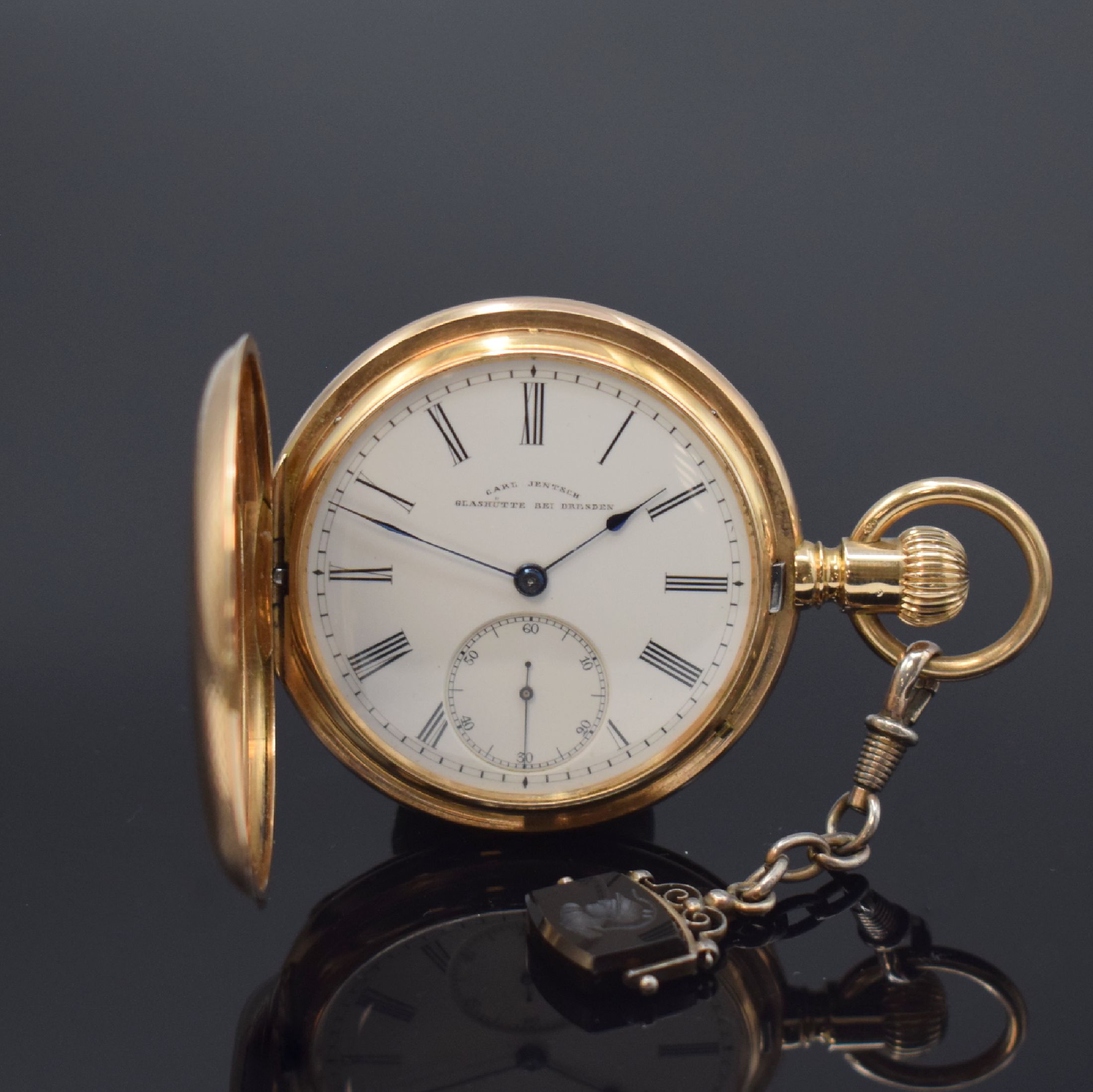 JENTSCH / ASSMANN Herrensavonette in GG 585/000 mit Petschaft, Deutschland um 1905, 3 Deckel Goldgeh. dell., guill. Sprung- u. Rückdeckel, ...