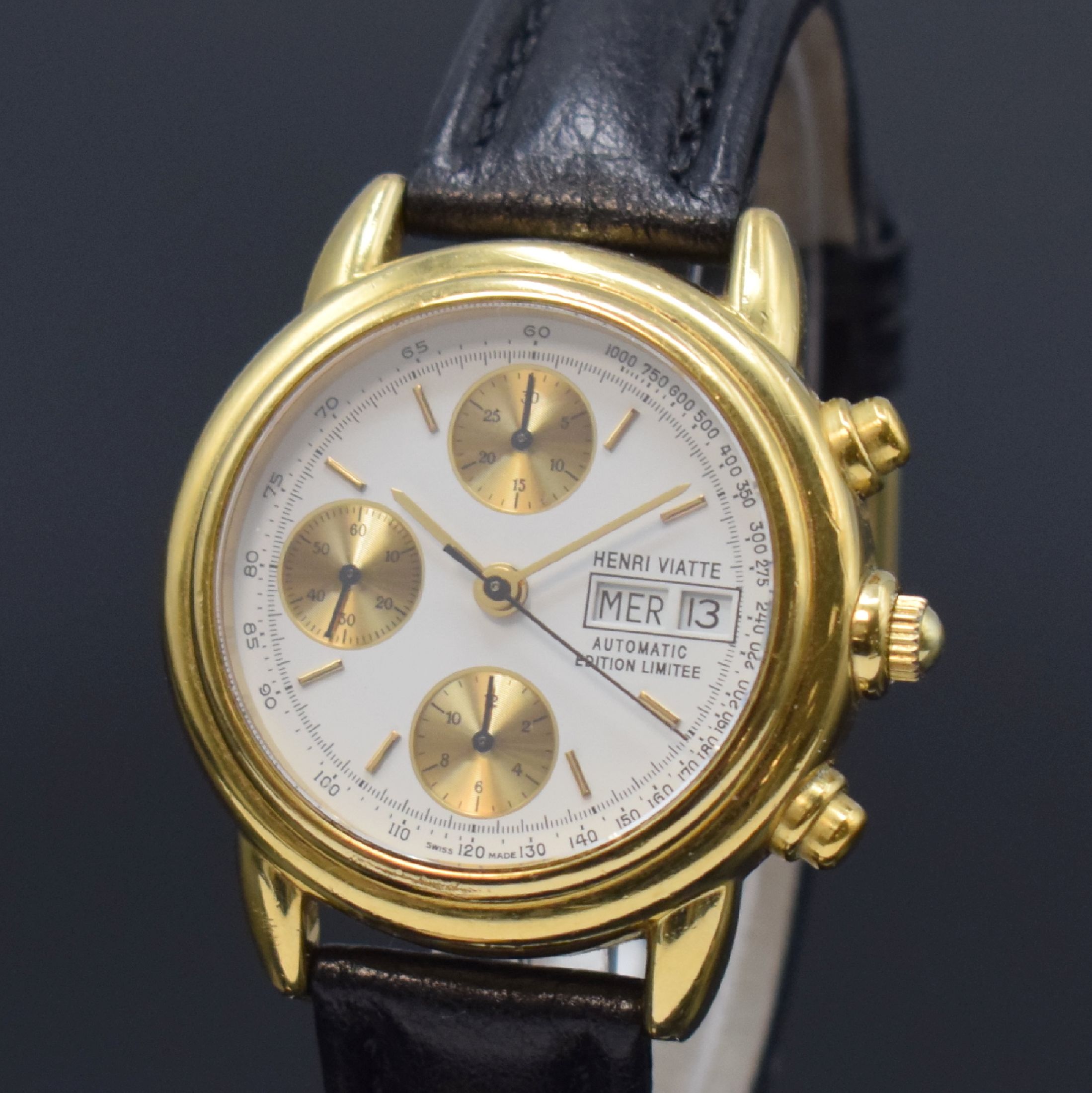Detail a: HENRI VIATTE limitierter vergoldeter Armbandchronograph, Schweiz um 1995, Automatik, beids. vergl. Geh., Boden aufgedr., weißes Zifferbl. m. gold. ...