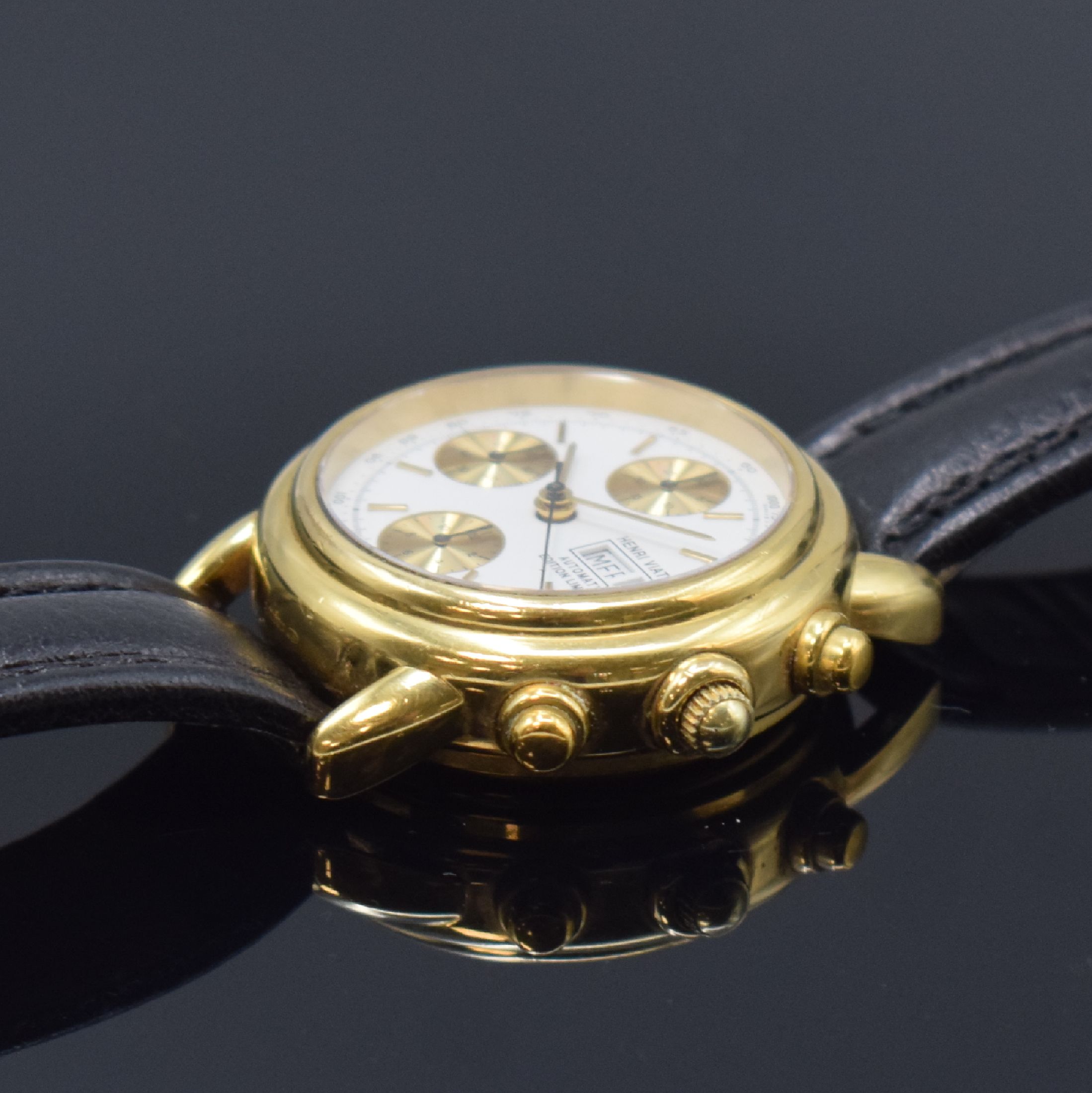 Detail b: HENRI VIATTE limitierter vergoldeter Armbandchronograph, Schweiz um 1995, Automatik, beids. vergl. Geh., Boden aufgedr., weißes Zifferbl. m. gold. ...