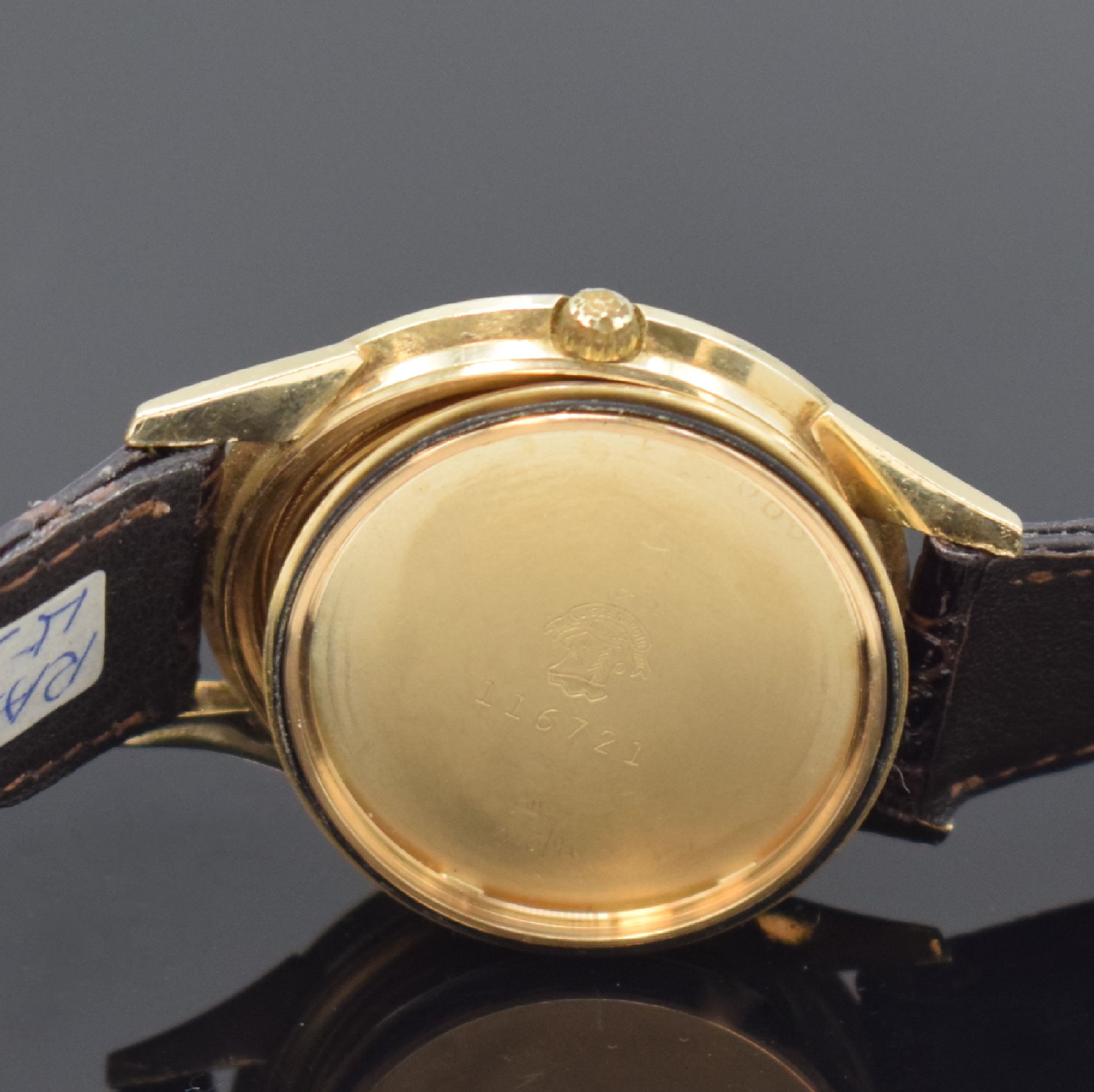 Detail f: ULYSSE NARDIN Chronometer Herrenarmbanduhr in GG 585/000, Schweiz/USA 1960er Jahre, Automatik, Boden m. Widmung verschr., strukturiertes Zifferbl. m. ...