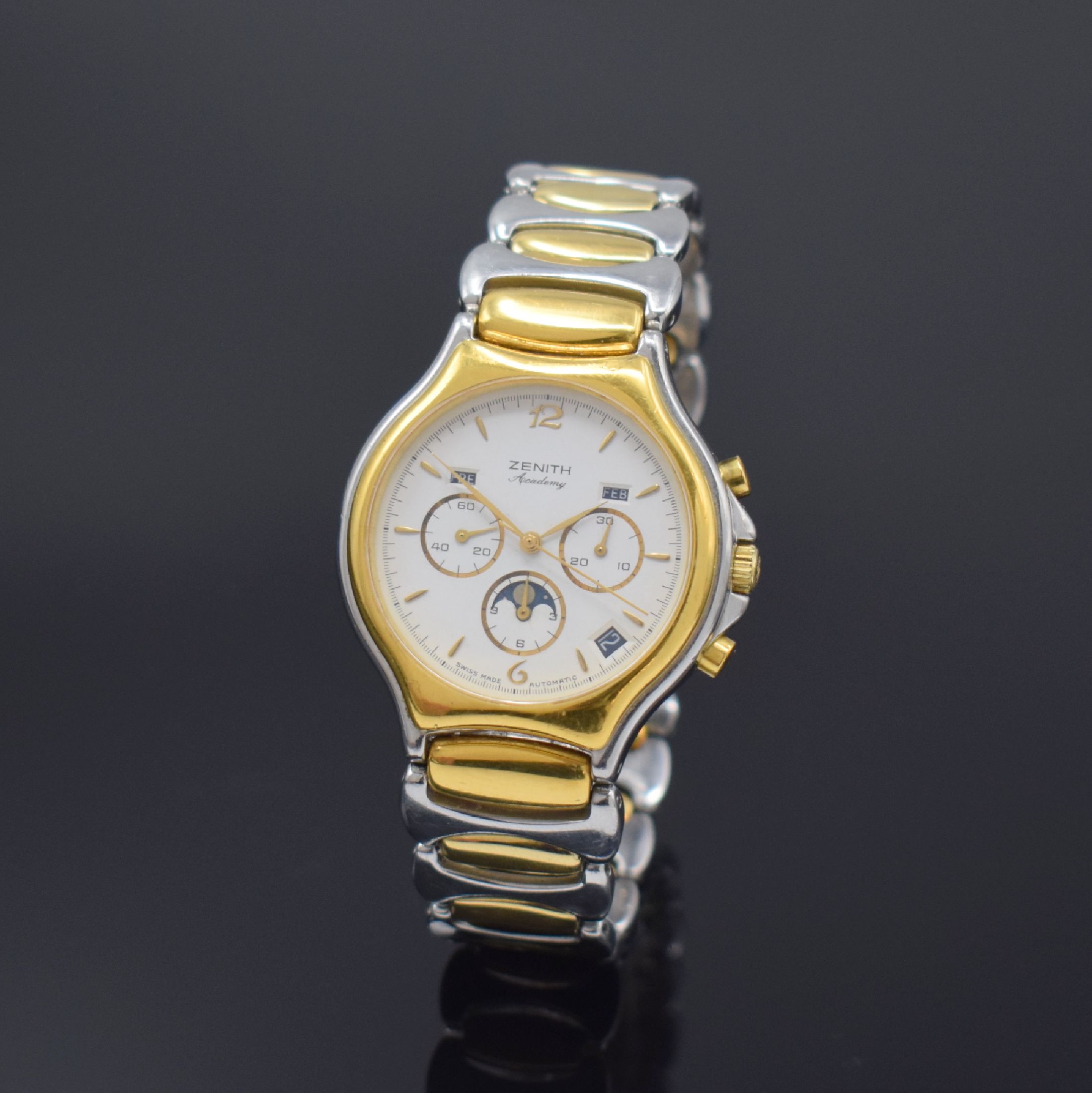ZENITH Academy Herrenarmbanduhr mit Schaltradchronograph und Vollkalender Referenz 59.6000.410,, Schweiz um 1985, Automatik, Edelstahl/Gold komb. ...