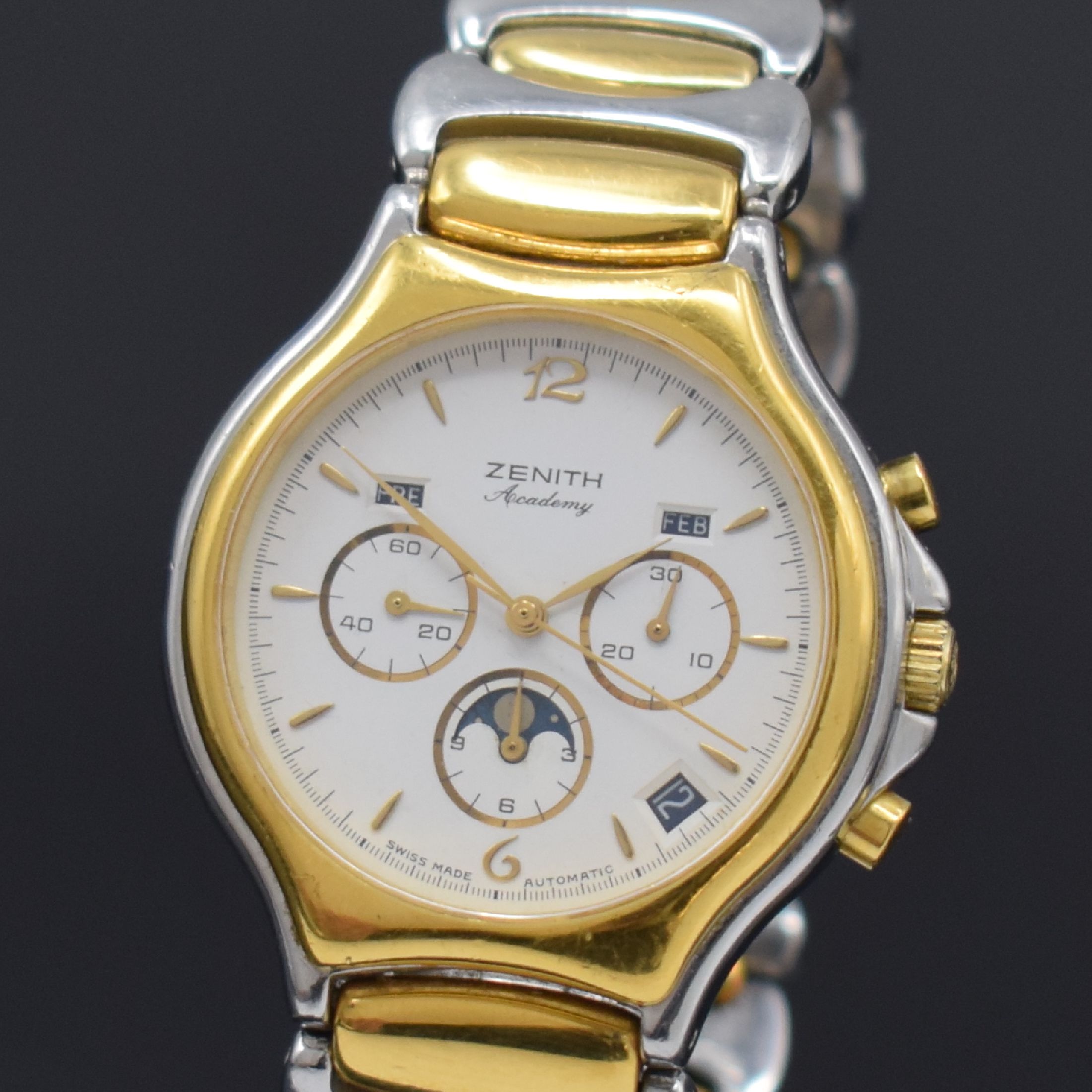 Detail a: ZENITH Academy Herrenarmbanduhr mit Schaltradchronograph und Vollkalender Referenz 59.6000.410,, Schweiz um 1985, Automatik, Edelstahl/Gold komb. ...