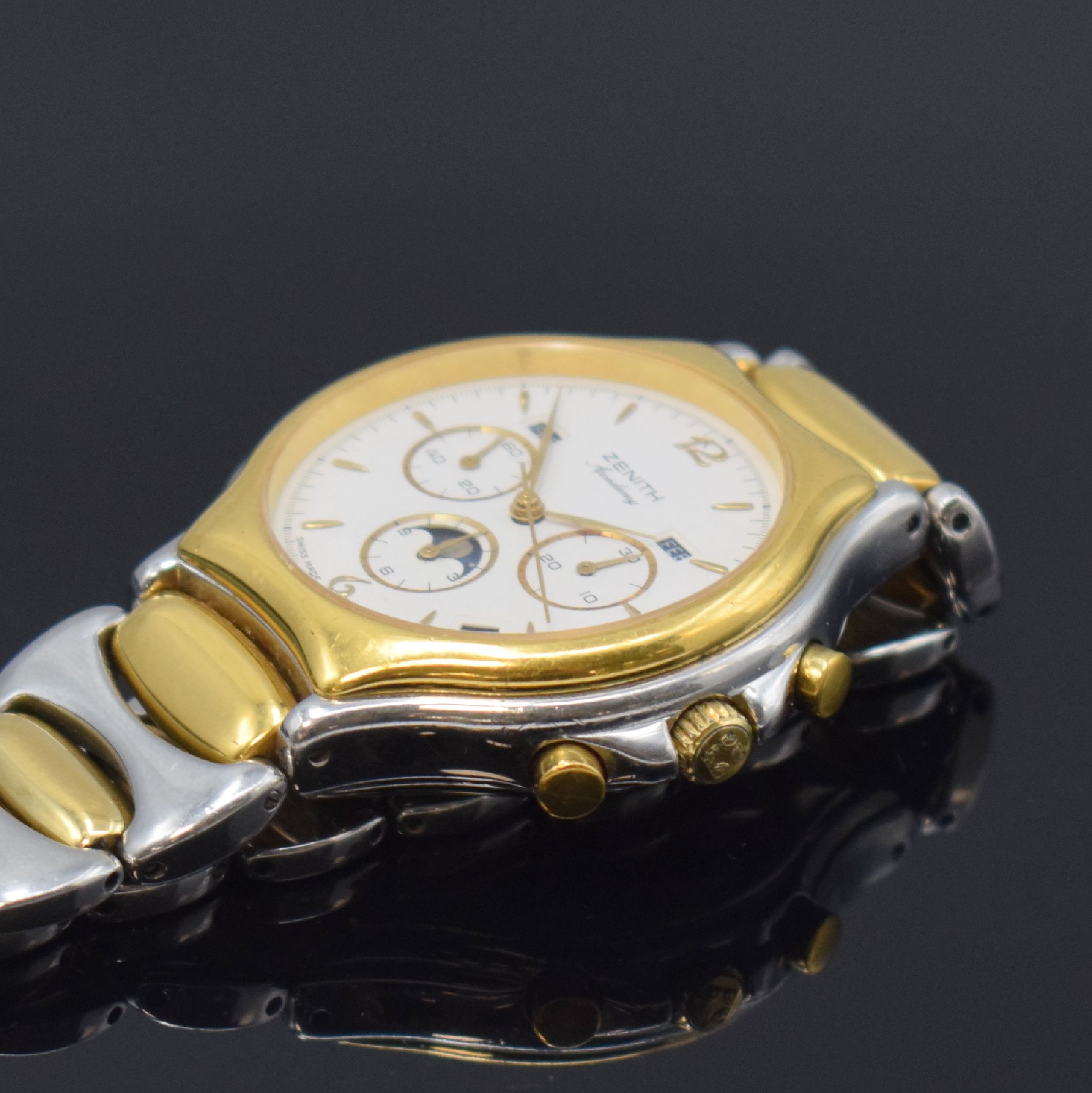 Detail b: ZENITH Academy Herrenarmbanduhr mit Schaltradchronograph und Vollkalender Referenz 59.6000.410,, Schweiz um 1985, Automatik, Edelstahl/Gold komb. ...